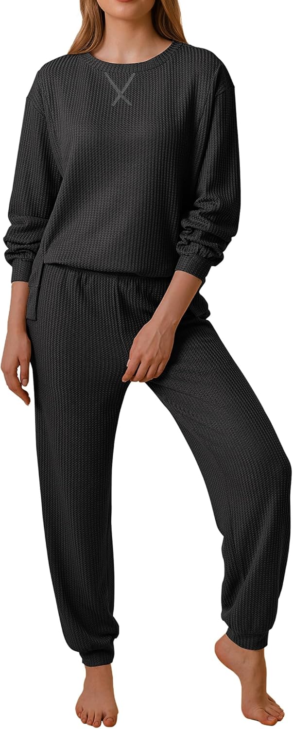 Ekouaer Waffle Knit Lounge Sets for Women Long Sleeve Pajamas Set with Pockets 2 Pieces Outfits Top and Pants