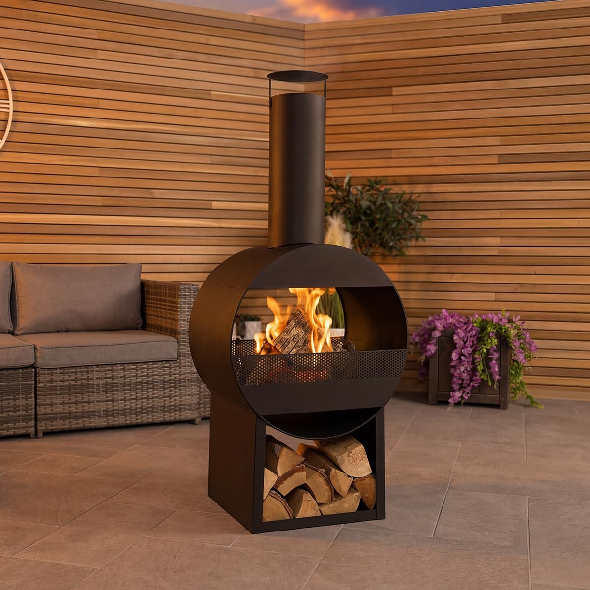 CHARLES BENTLEY Chauffage terrasse cheminée Moderne 129cm, Acier Noir, brûleur Bois/Charbon, tisonnier Inclus, Design Contemporain, Rangement bûches (129x55x40cm)