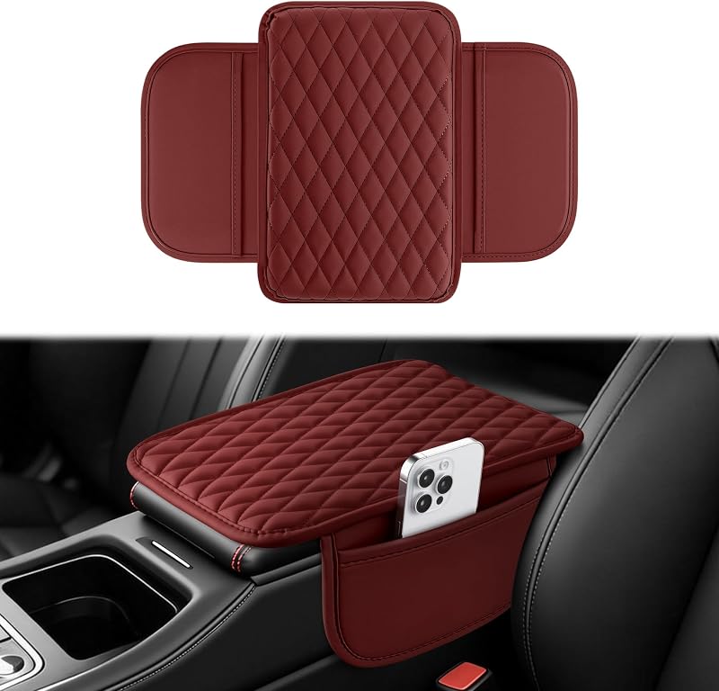 Capa para apoio de braço do console central Amiss em couro PU com 2 bolsos – Vermelha
