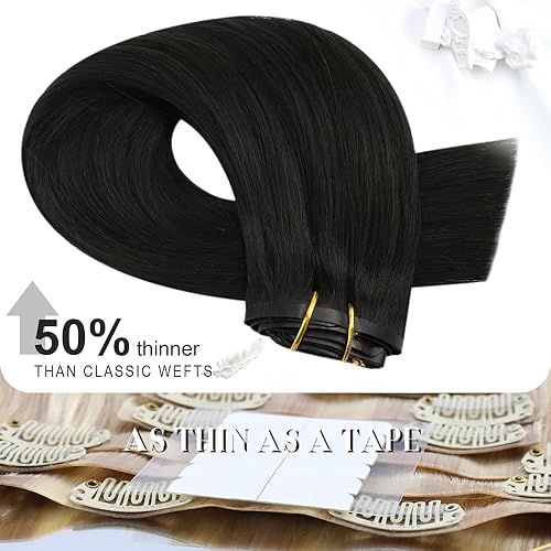 Miniatura 3 de Moresoo - Extensiones de cabello humano real con pinzas, sin costuras, color negro, trama de poliuretano, color negro 1B, 14 pulgadas, 7 unidades,