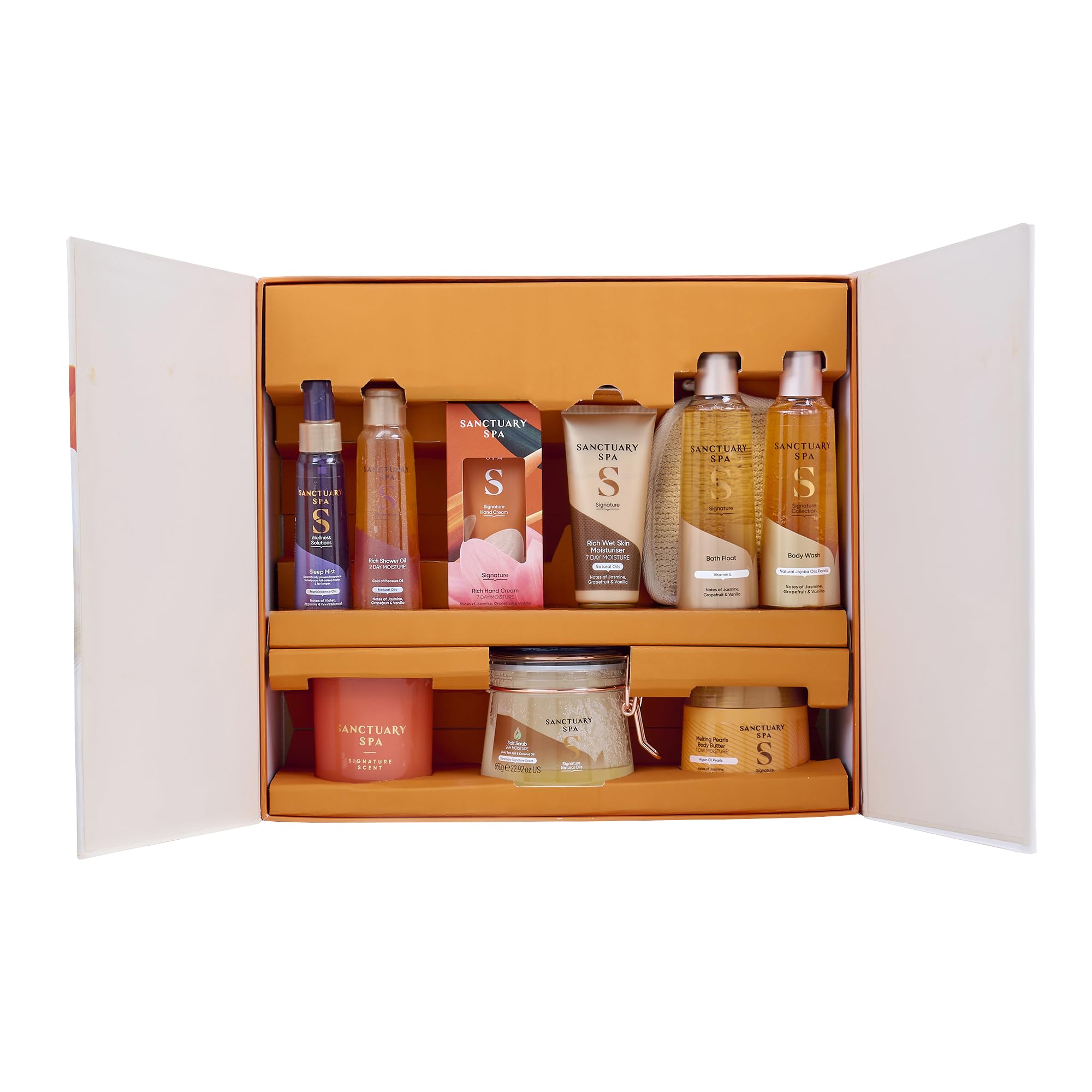Sanctuary Spa Total Spa Collection - Set regalo da donna, 10 pezzi, set regalo per bagno e corpo, con nebbia per il sonno, bagnoschiuma, burro per il corpo, scrub, olio doccia, crema mani e candela