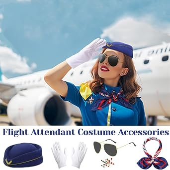Beamely 5Pcs Airline Stewardess Costume Accessories Set, Flight Attendant Fancy Dress Kit with Stewardess Hat Scarves Brooch Sunglasses Gloves Cosplay Outfit for Adults Girls Cosplay Dress up Party