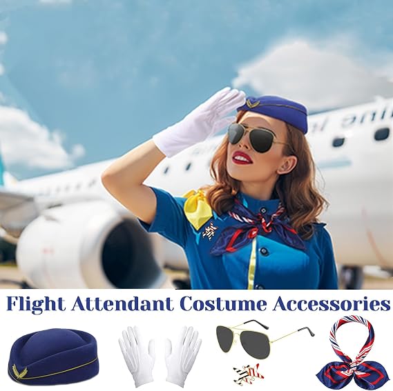 Beamely 5Pcs Airline Stewardess Costume Accessories Set, Flight Attendant Fancy Dress Kit with Stewardess Hat Scarves Brooch Sunglasses Gloves Cosplay Outfit for Adults Girls Cosplay Dress up Party