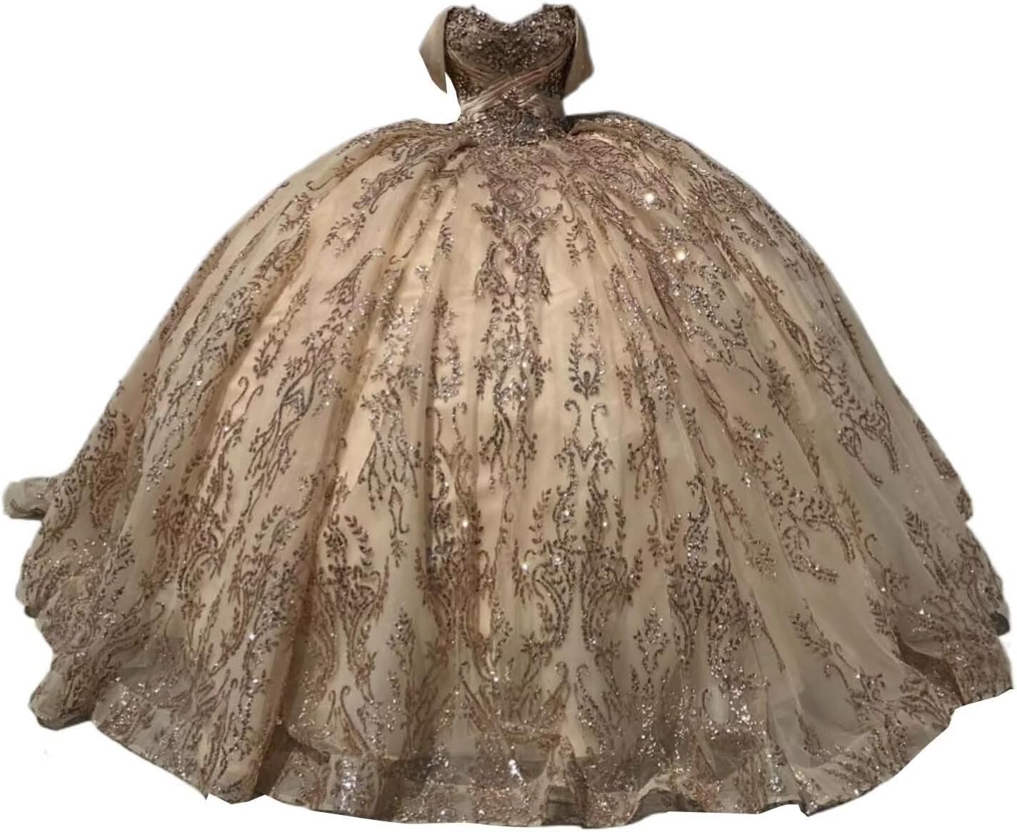 Mollybridal Stunning Gold Embellishment Sequins Crystal Ball Gown Wedding Bridal Quinceanera Dresses Champagne