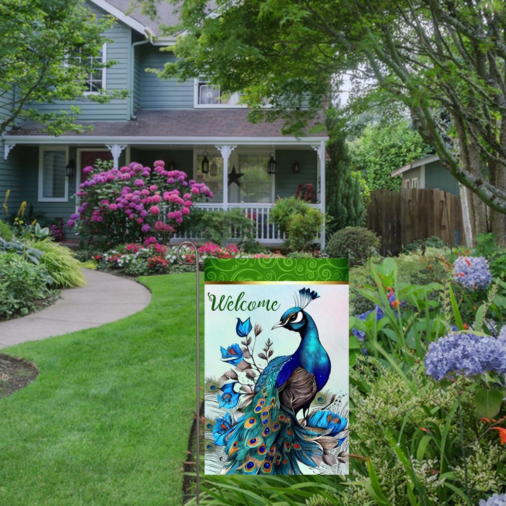 Peacock Garden Flag 12x18 Inch Double Sided Welcome Yard Flag Peacock Garden Decor Burlap Banner Front Porch Lawn Outdoor Decorations - Image 9