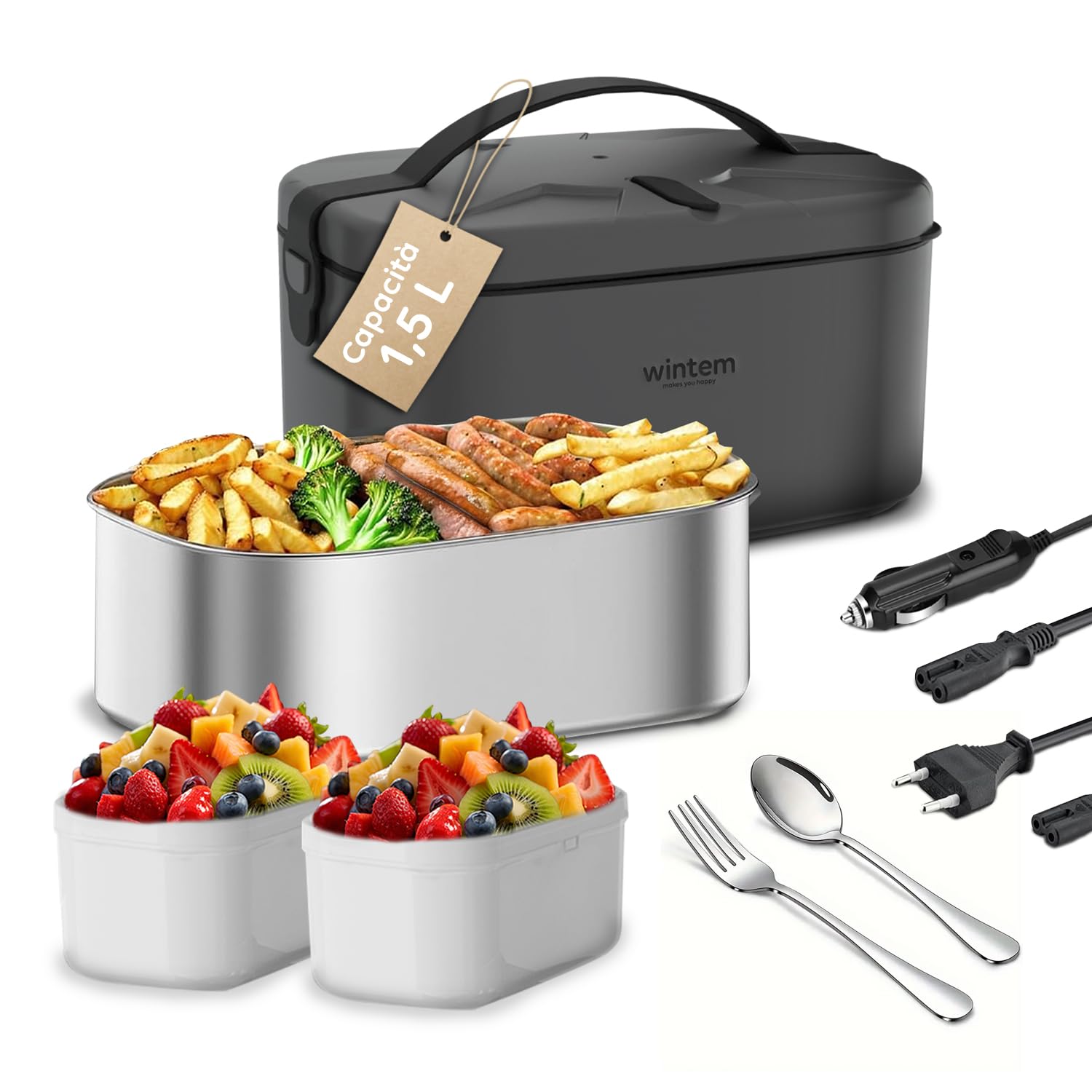 Wintem - Porta Pranzo Lunchy+ 3 in 1 Elettrico in Acciaio Inox con Posate, Scaldavivande da 80W Termico per Casa, Ufficio e Auto, Contenitori Ermetici e Doppia Presa 220V/12V