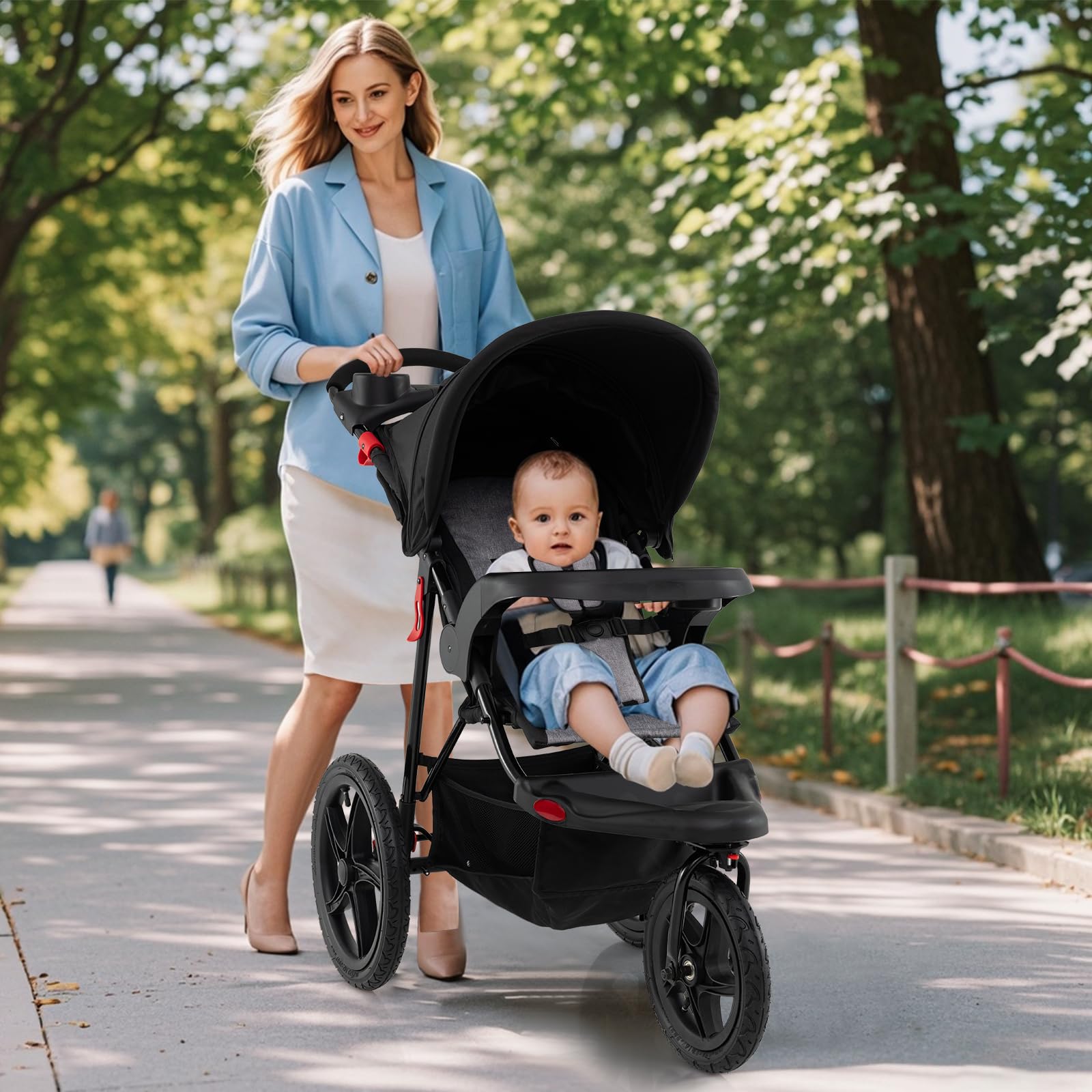 COSTWAY Poussette Canne Bébé avec Capote Réglable & Siège Inclinable, Poussette Bébé Pliable 3 Roues avec Plateau Amovible & Porte-gobelets, Sac de Rangement, Pneus en Caoutchouc, 0-4 Ans, 0-22 kg