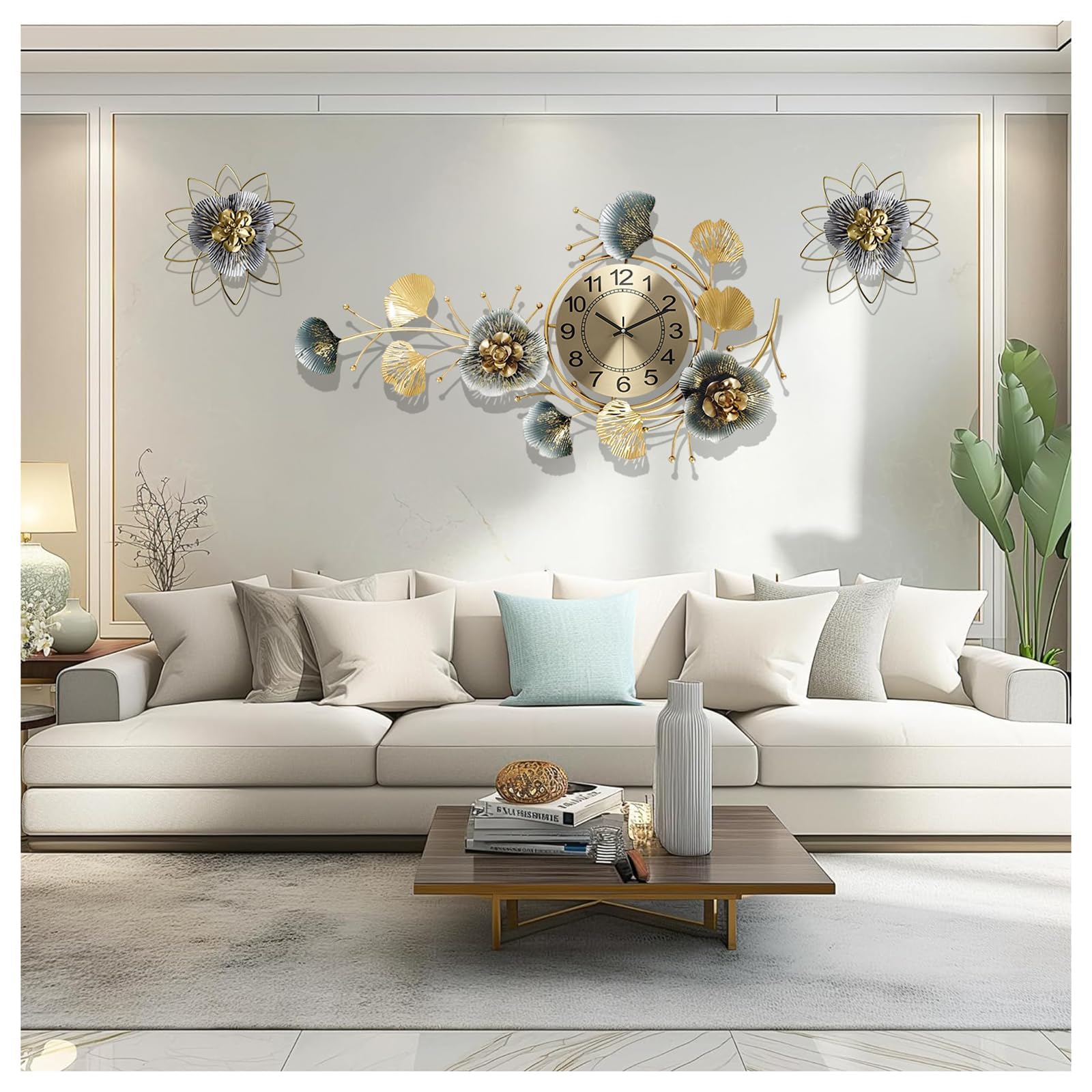 LMYSXAOZ Large Metal Ginkgo Leaf Wall Clock - Silent Non-Ticking Modern Quartz for Living Room Bedroom Hallway Decoration