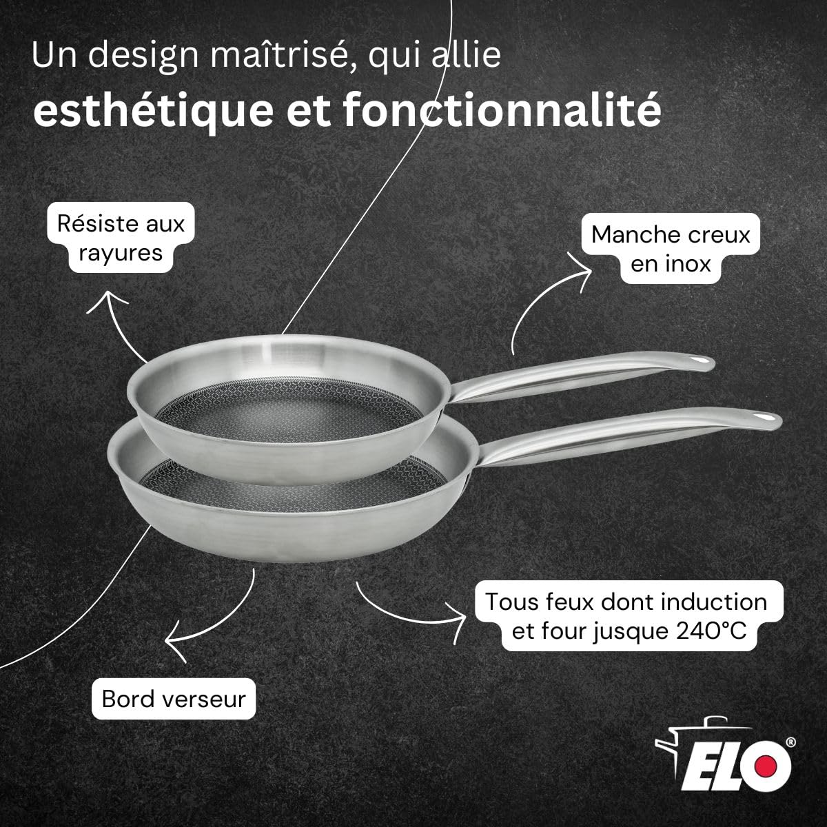 Elo 9350350 Poêles 24 et 28 cm Acier Inoxydable 18/10, Triply 3 Couches, Antiadhésif Minéral Elodur Select Sans PFAS, Résistant aux Rayures, Tous Feux Dont Induction et Four, Garantie 4 Ans, Inox, Alu