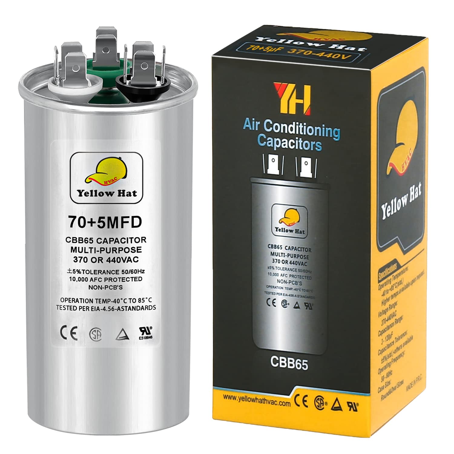 Capacitor for Air Conditioner 70+5 uf MFD 370 or 440 Volt VAC, Multi-Purpose Round Capacitor for AC Motor Run or Fan Motor Start or Condenser Straight