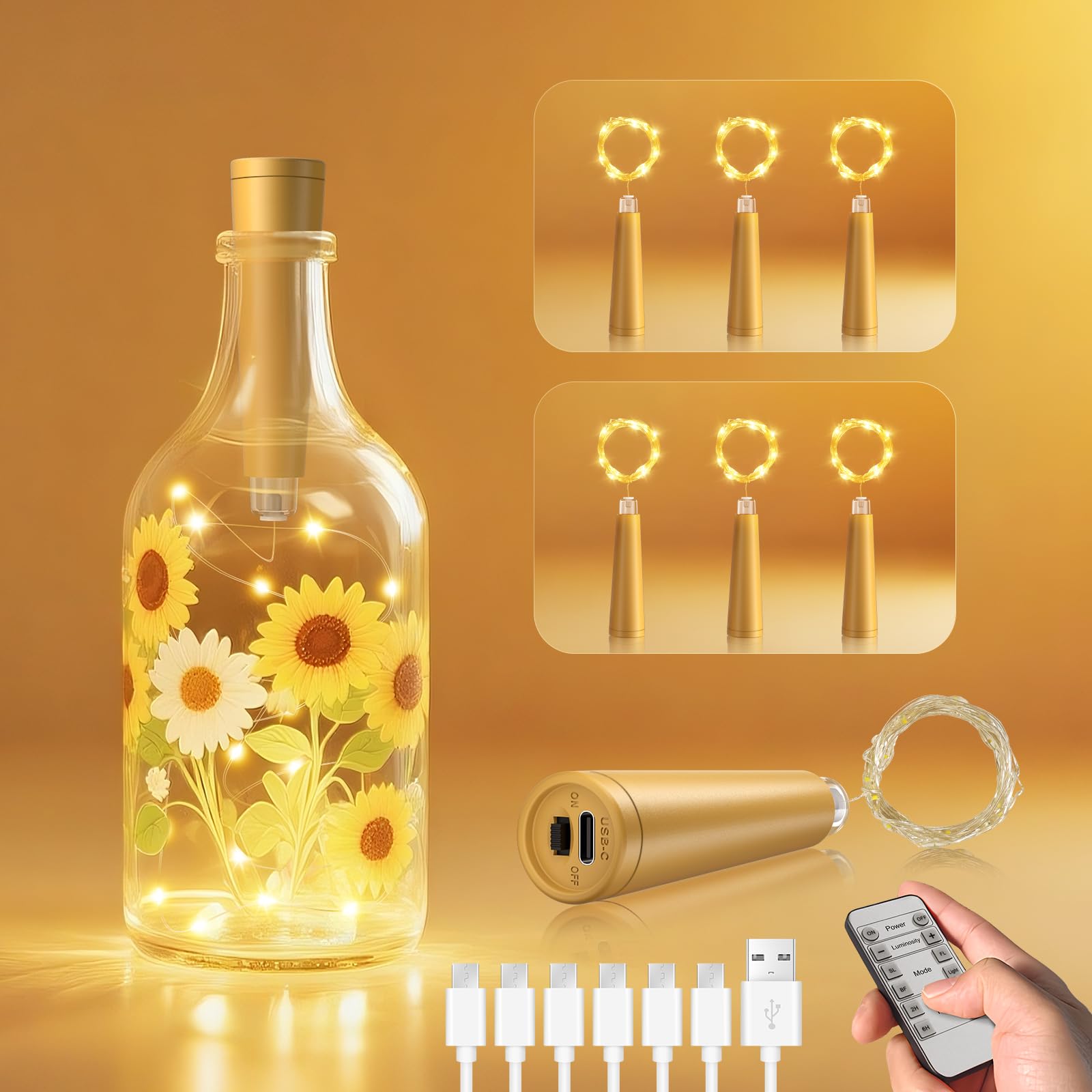 Ymenow Bottle Lights with Cork, 6pcs Rechargeable Fairy Lights with Remote