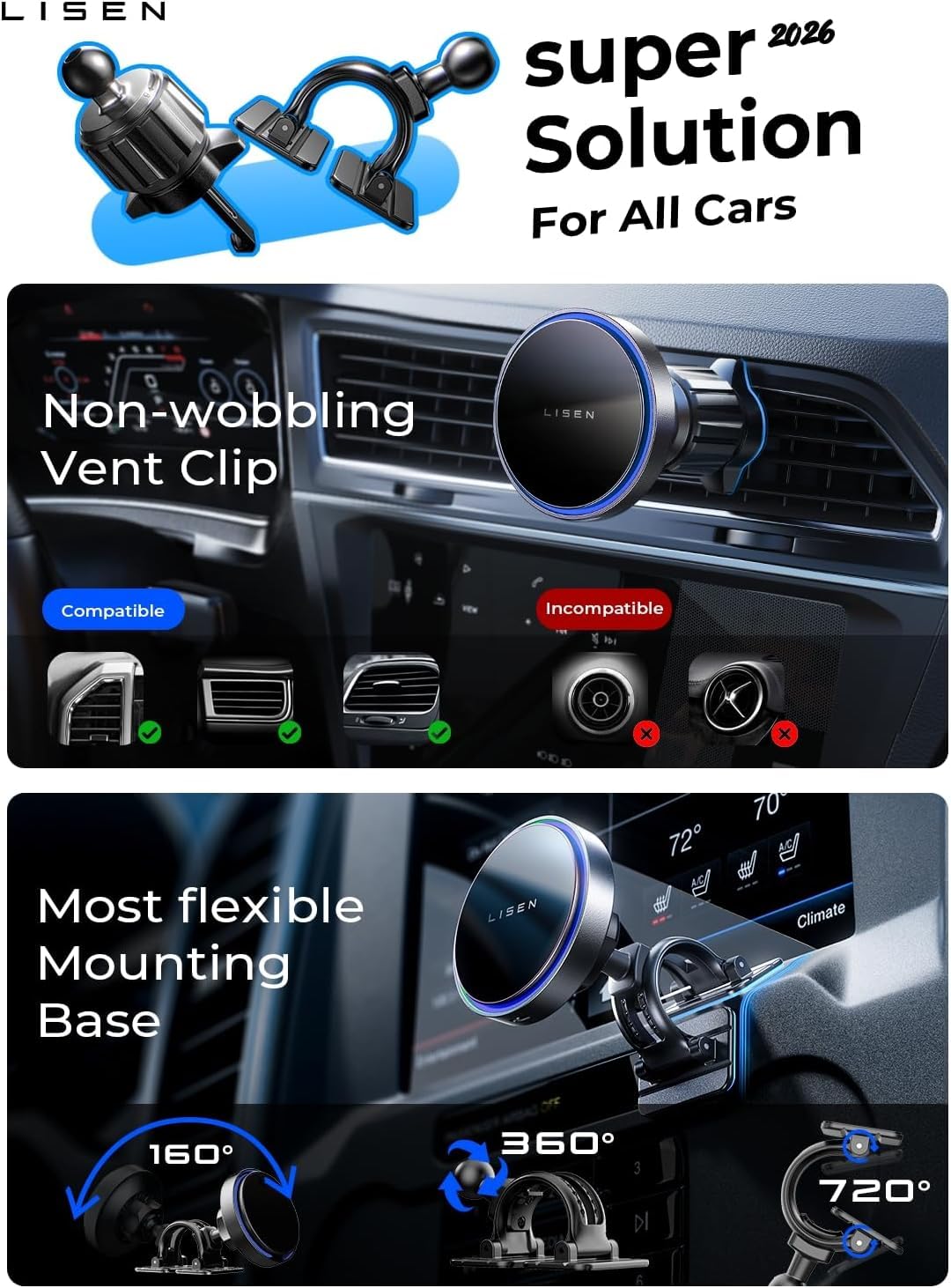 LISEN 15W MagSafe Car Mount Charger, Magnetic Phone Holders for Your Car view 8