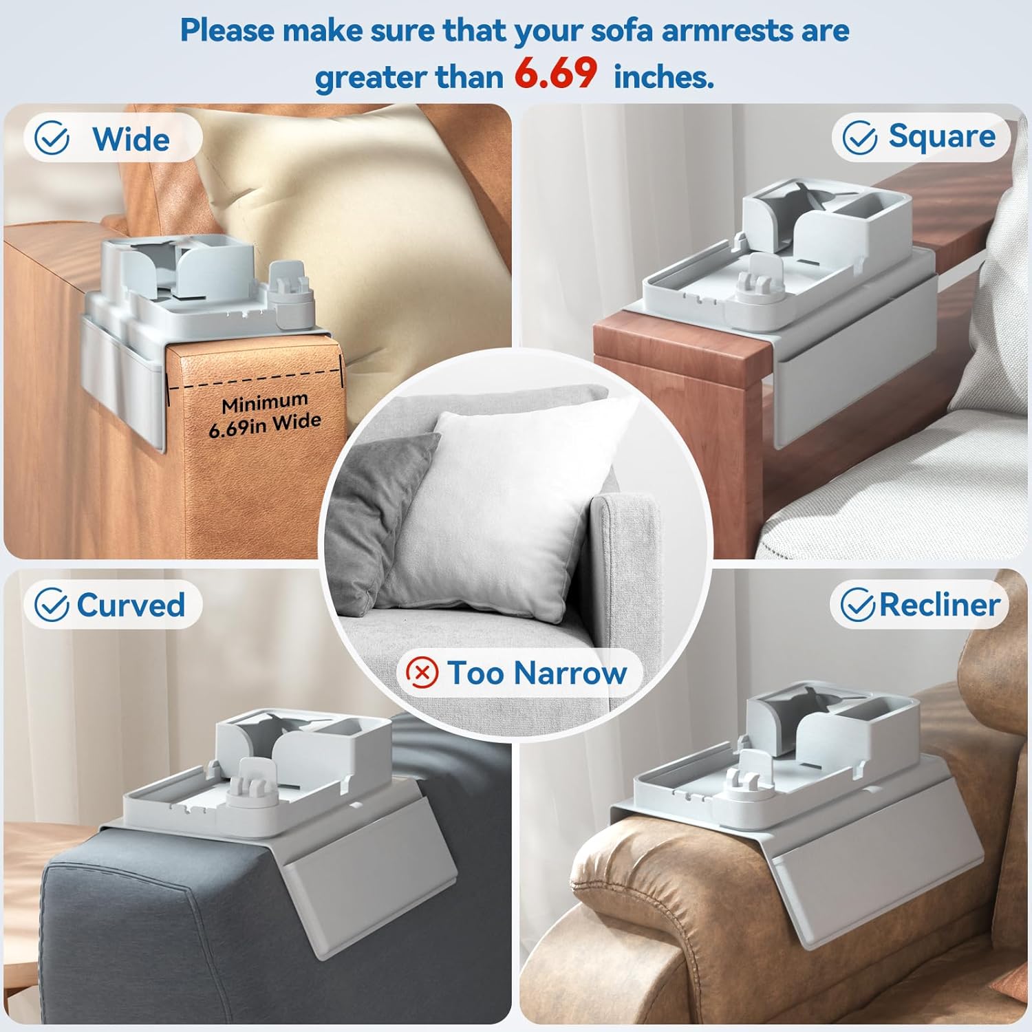 Couch Arm Cup Holder CLESOO Couch Arm Tray Anti-Slip Couch Cup Holder Silicone Sofa Armrest Tray Dual Side Pocket Couch Drink Holder Sofa Caddy Arm Remote Holder Snack Caddy with Phone Holder Grey - Image 2