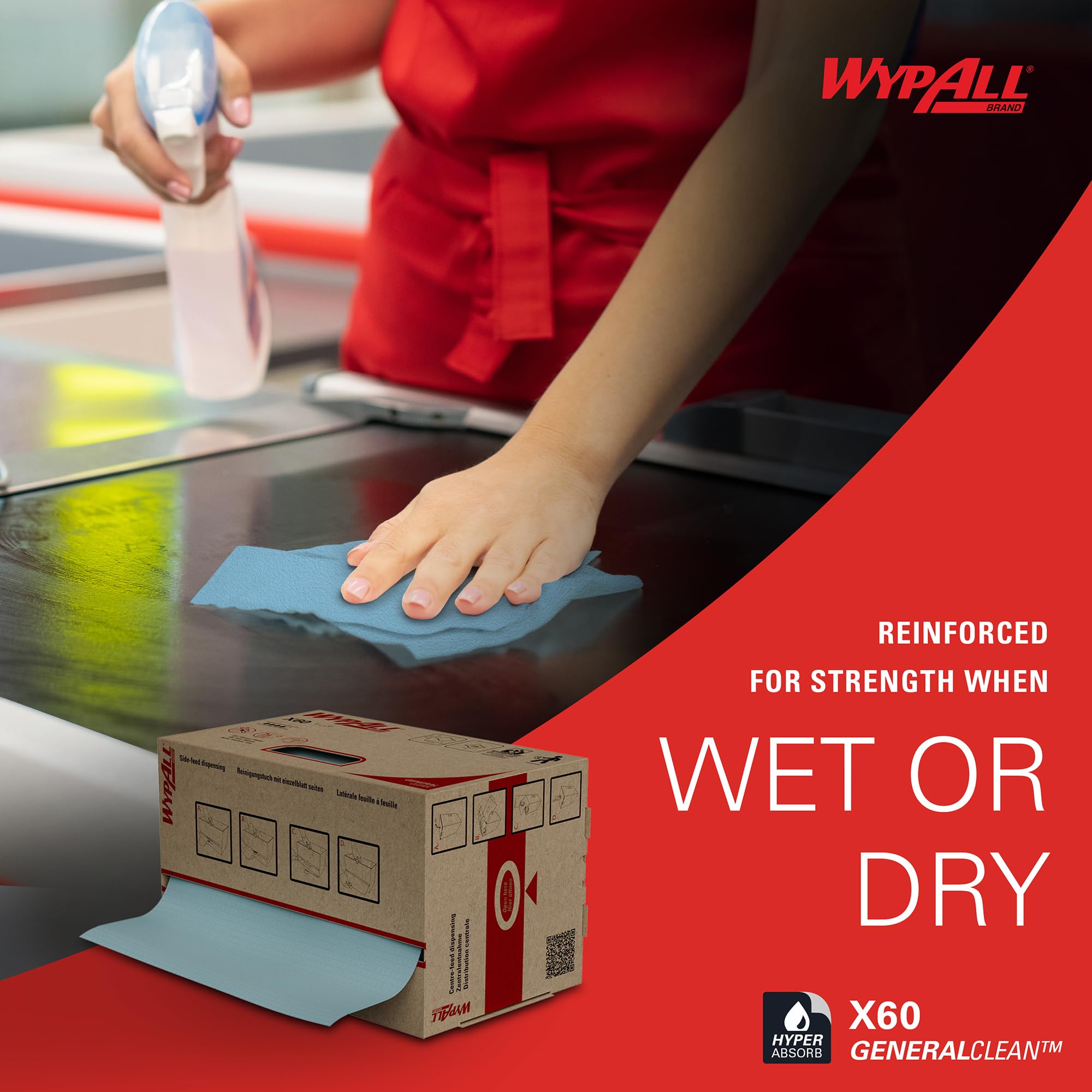 WypAll X60 General Clean Multi-Task Reinigungstücher, blaue Wischtücher zur Universalreinigung, 2-in-1 Midi-Rollenreinigungssystem, 1 blaue Rolle x 235 Wischtücher, Artikel-Nr. 8250