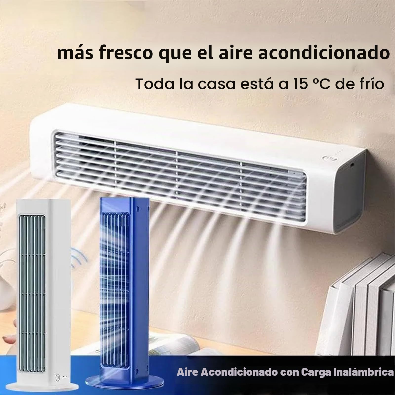 Ventilador de aire acondicionado inalámbrico portátil – Ventilador de refrigeración montado en la pared con 3 ajustes de velocidad para dormitorio, oficina, hogar y coche, refrigeración instantánea de