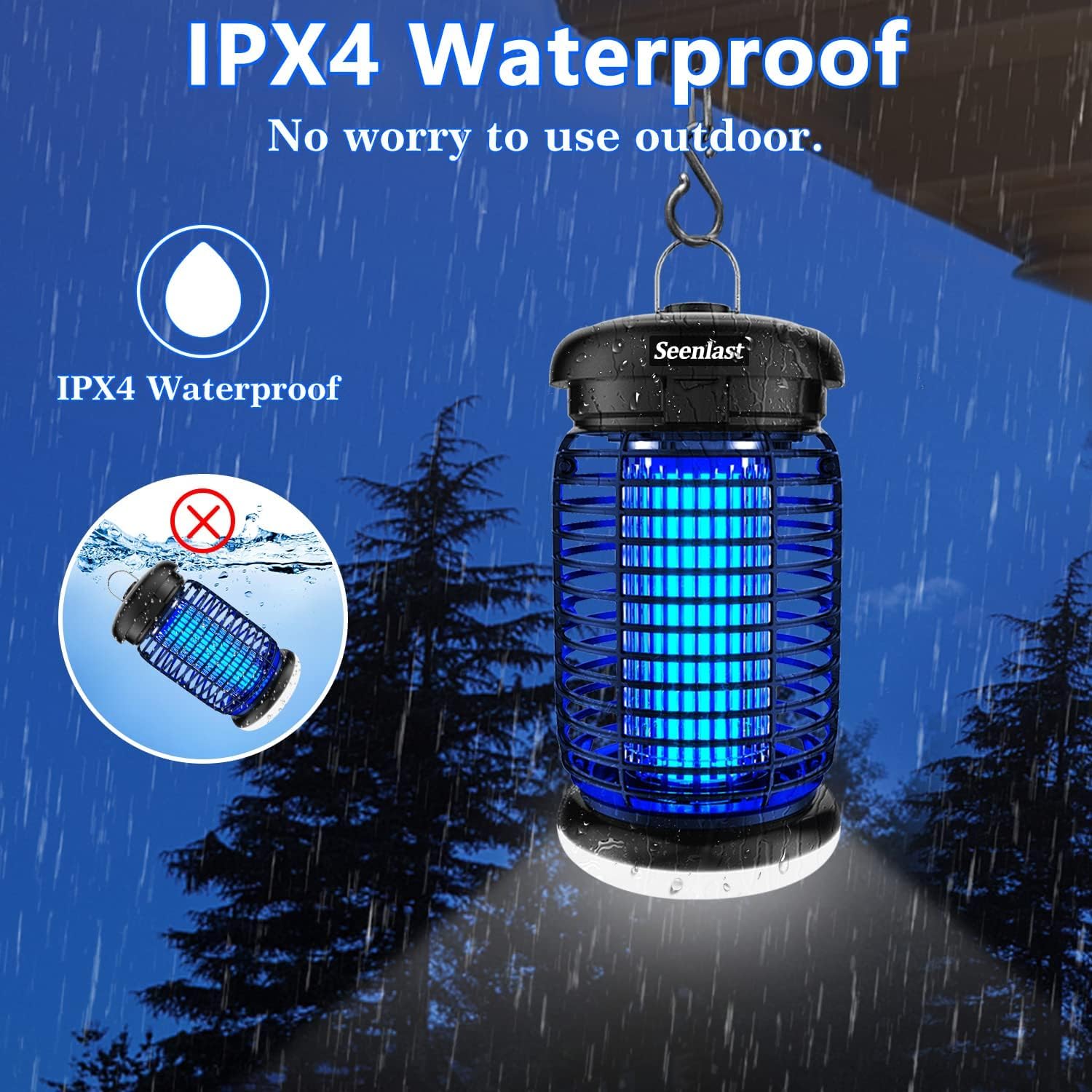 seenlast Lampe Anti Moustique 15W 4200V UV Tueur d'Insectes Électrique Étanche 140m² Intérieur Extérieur
