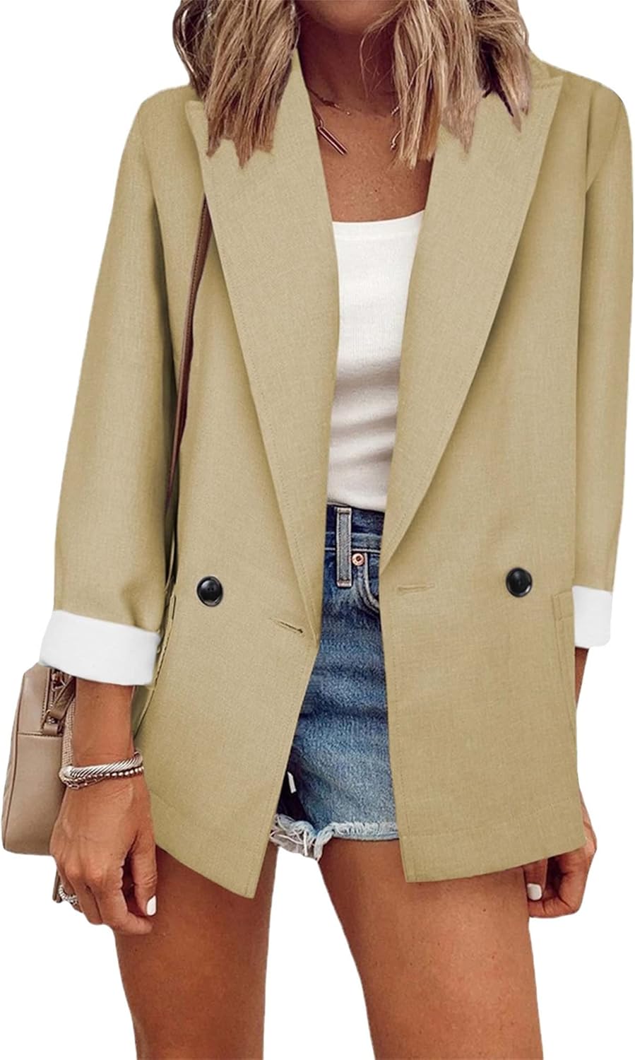 OMZIN Women's Lapel Pockets Long Sleeve Blazer Open Front Coat Jacket