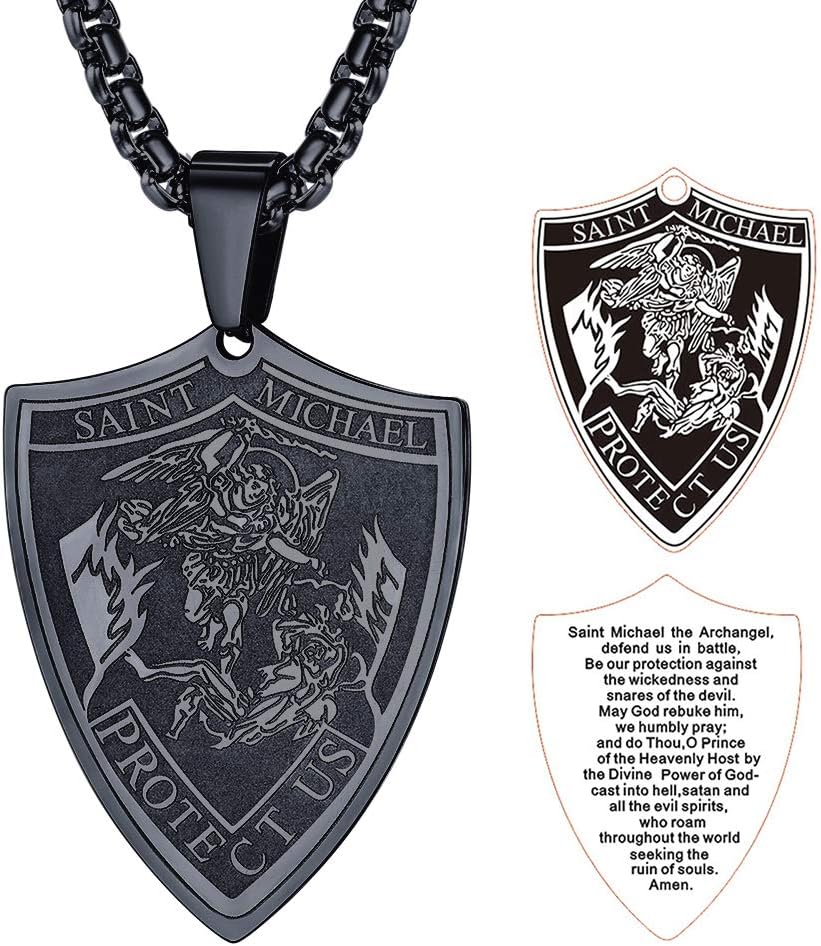 FaithHeart Inspirational Pendant Necklace, Stainless Steel Saint Michael Black Pendant Necklace, Mens Necklace St Michael Protect Us Jewelry- Black