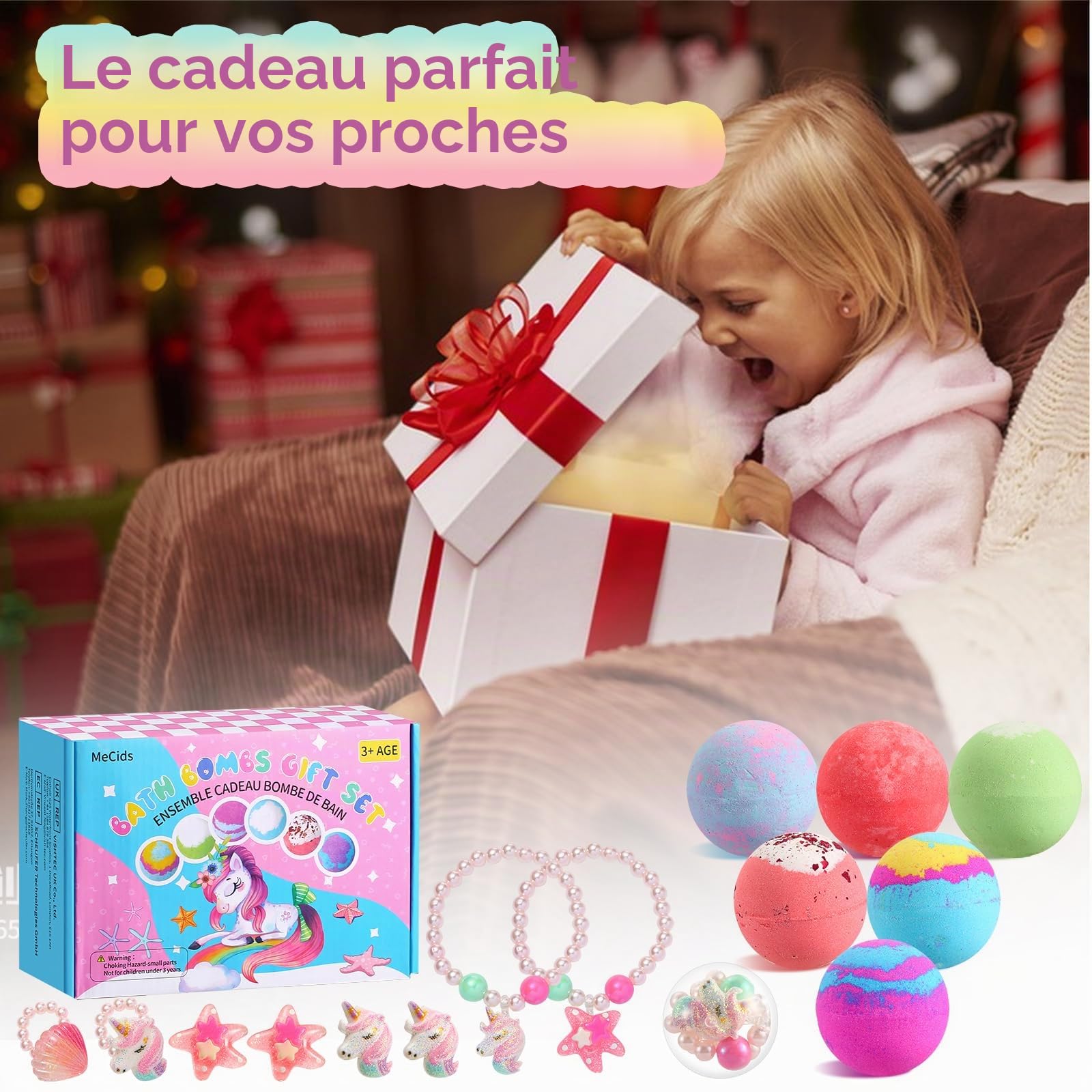 MeCids Lot de 6 bombes de bain bio pour enfants avec jouet surprise à l'intérieur, bracelets et bagues, kit de bombes de bain à bulles pour fille anniversaire et Noël