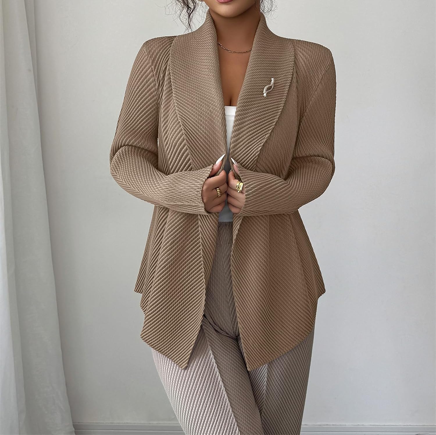 Womens Loose Fall Outwear Ribbed Blazer Jacket Blazers Notched Lapel Jacket - Image 3