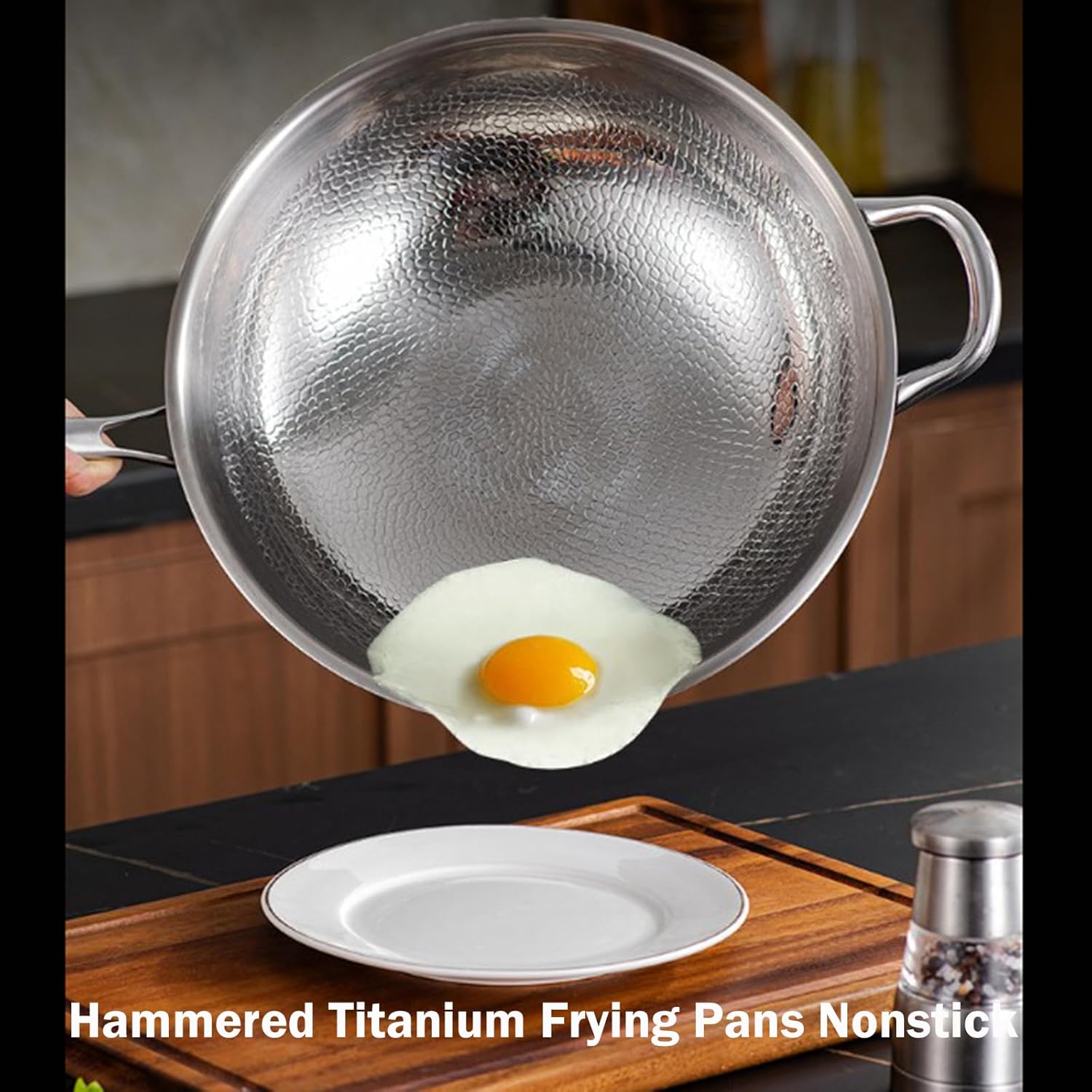 Titanium Hammered Pan Pro,Frying Pans Nonstick,Flat Bottom Non-Stick Wok With Lid and Steamer Basket,Durable Scratch-Resistant Titanium Pans for Cooking,14inch with Steamer