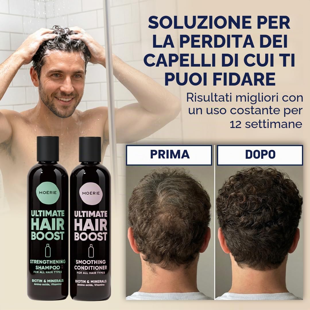 Moérie shampoo ristrutturante balsamo volumizzante anticaduta, prodotti per crescita capelli con ingredienti naturali, oltre 100 ingredienti attivi per capelli folti, lunghi e splendenti, 4 x 250 ml