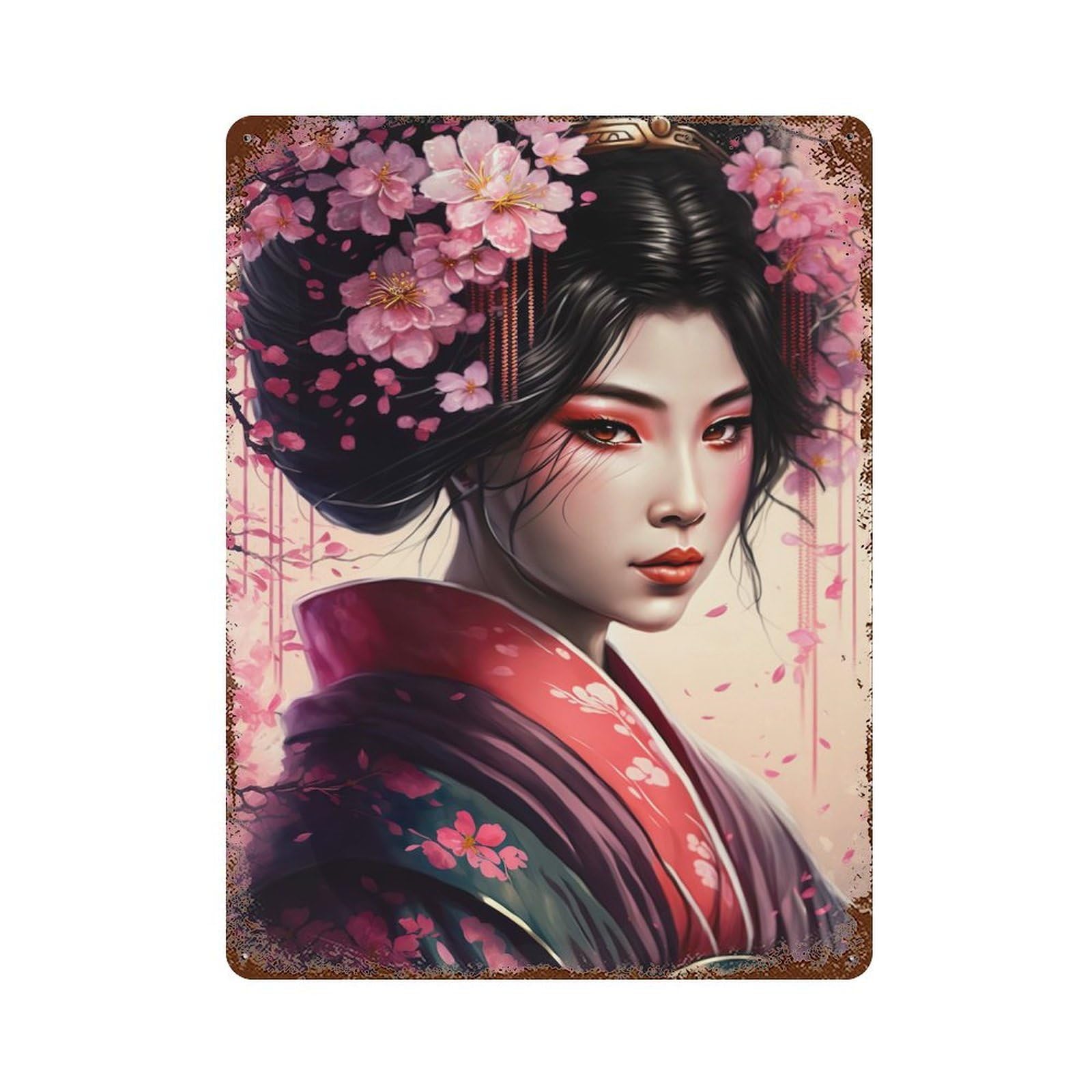 Garage Style Sakura Geisha Rustic Tin Plaque 15.7"x11.8", Industrial Home Decor for Bar And Workshop