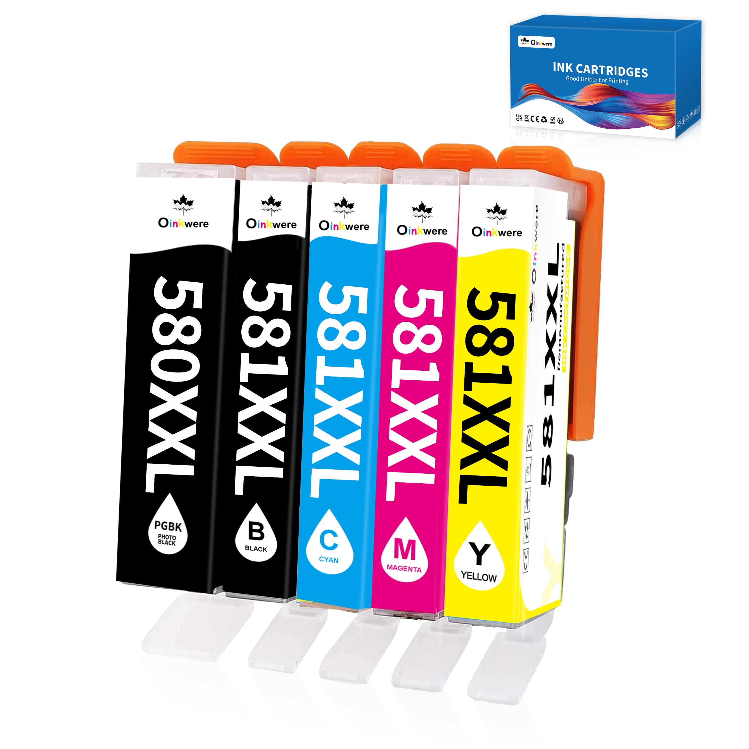 OINKWERE 580XXL 581XXL Cartucce d'inchiostro 5-Confezioni Compatibili con Canon PGI-580 CLI-581 Pixma TR7550 TR8550 TS6150 TS6151 TS8150 TS8151 TS8152 TS9150 (1 PGBK 1 Nero 1 Ciano 1 Magenta 1 Giallo)
