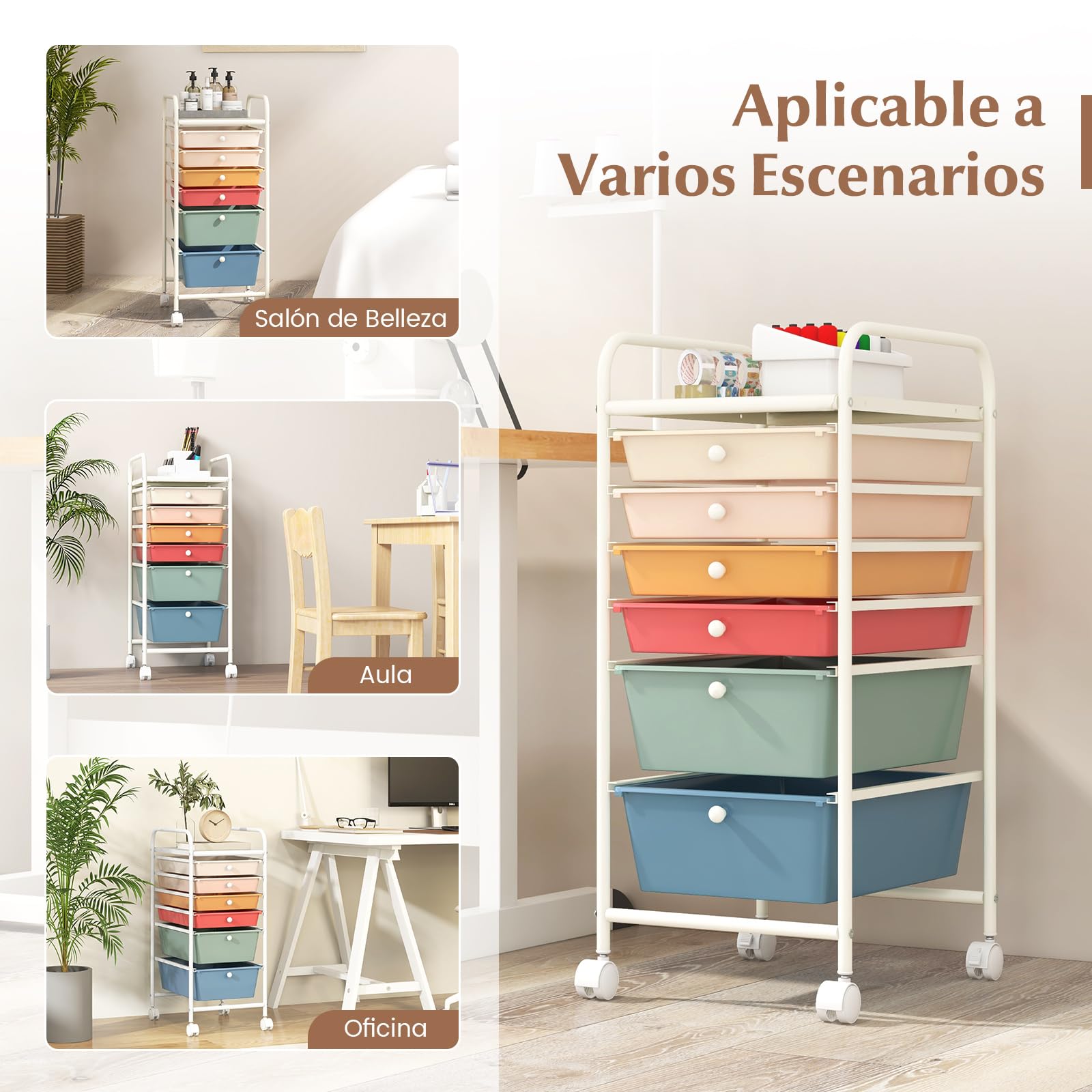 GIANTEX Carro de Almacenamiento con 6 Cajones, Cajonera con 4 Ruedas(2 con Frenos), Tablero y Marco de Metal, Cajones Plásticos, Carrito Auxiliar para Oficina, Dormitorio, Baño (Macaron)