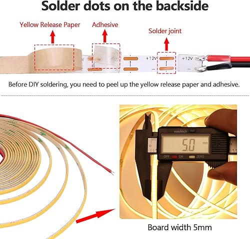 Miniatura 3 de GOMING Tira de luz LED COB de 12 V y 0.197 in de ancho, blanco cálido, 3000 K, 16.4 pies, 2000 LED, CRI 93+, brillo uniforme, flexible, no