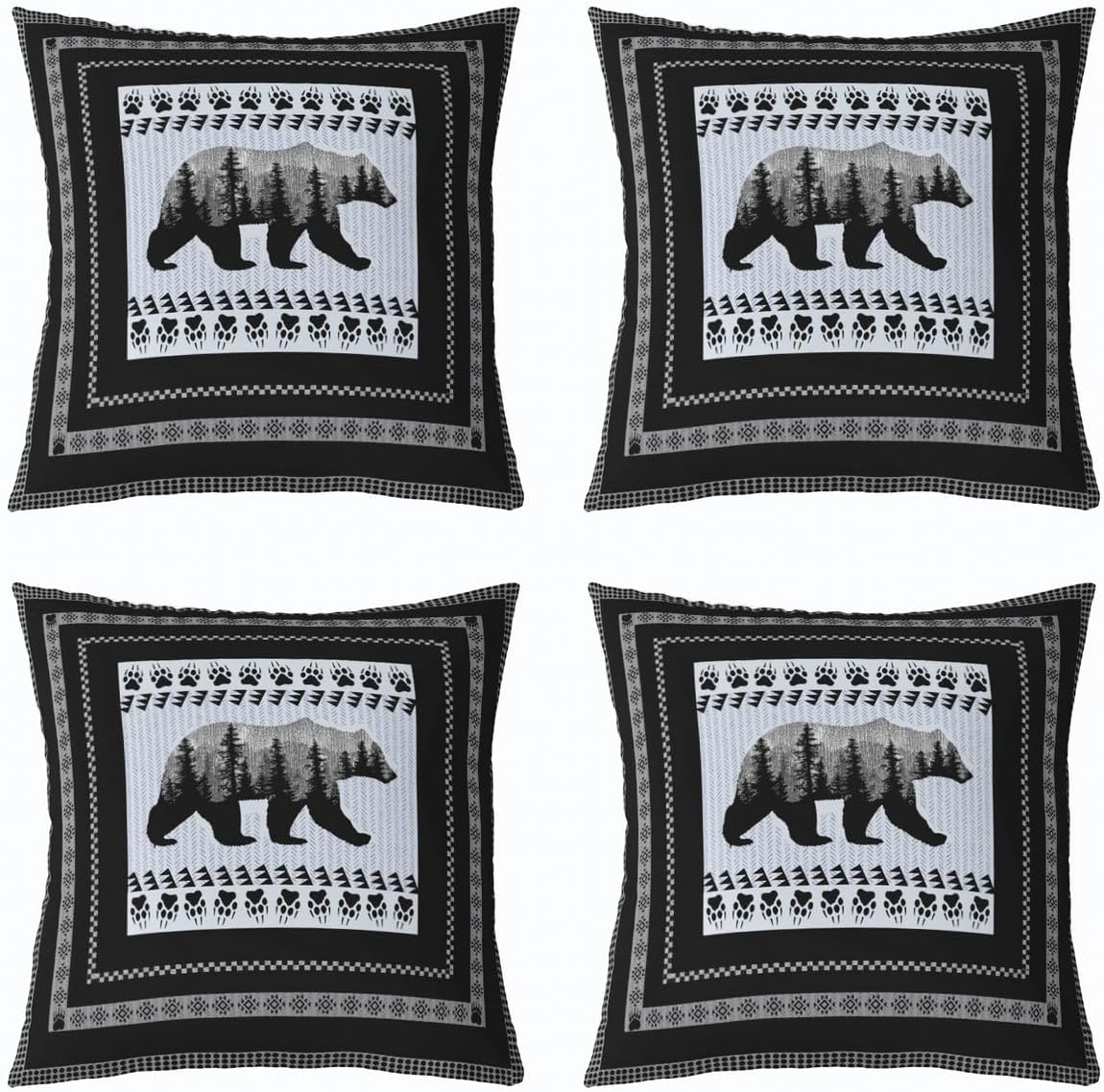 Feelyou Bear Throw Pillow Covers 24"x24" Set of 2 Soft Bear Paw Print Cushion Covers for for Couch Sofa Wild Animal Retro Black White Decorative Pillowcases Outdoor Pillows Covers