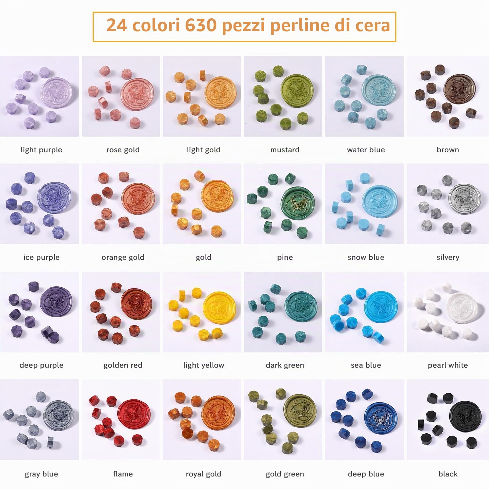 Comealltime Set di 630 francobolli di cera, set di 630 pezzi, con timbro a farfalla, scalda cera, cucchiaino, lumini, buste, decorazioni fai da te per inviti di nozze