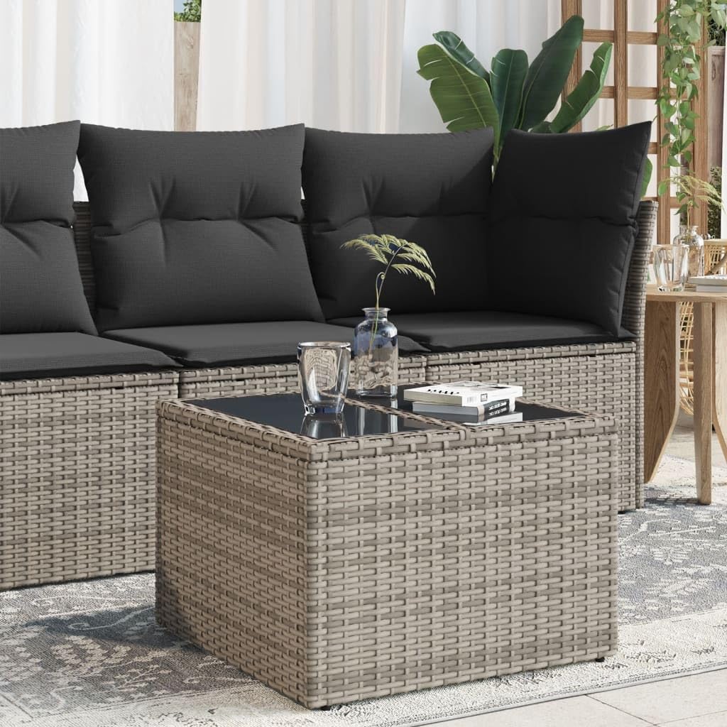 SXZenSpace Grey Garden Table with Glass Top 55 x 37 cm, Outdoor PE Rattan Patio Coffee Table, Lightweight Steel Frame, for Balcony Bistro & Camping