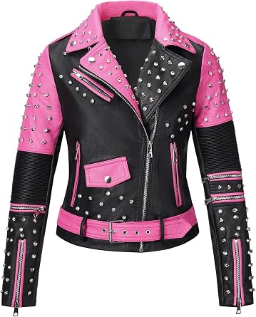 Giolshon Womens Faux Leather Studded Jacket Moto Biker Short Rhinestones Fall PU Long Sleeve Open Front Coat