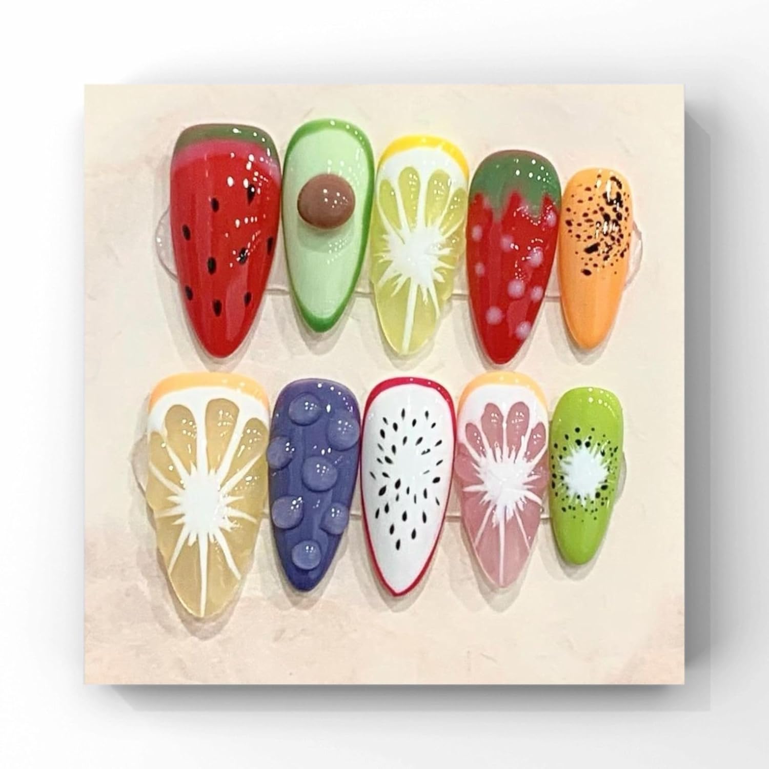 Wsliana Handmade Press On Nails - Medium Almond False Nail Tips, 3D Fruit Design, 10pcs Reusable Glue On Acrylic Fake Nails, Long-Lasting, Easy Fit | Fashionable Nail Kit | Natural Look (076, L)