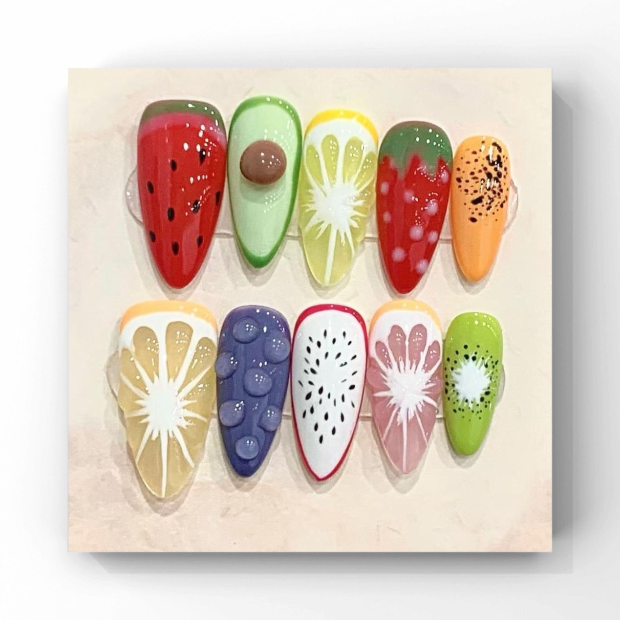 Wsiliana Handmade Press On Nails - Medium Almond False Nail Tips, 3D Fruit Design, 10pcs Reusable Glue On Acrylic Fake Nails, Long-Lasting, Easy Fit |