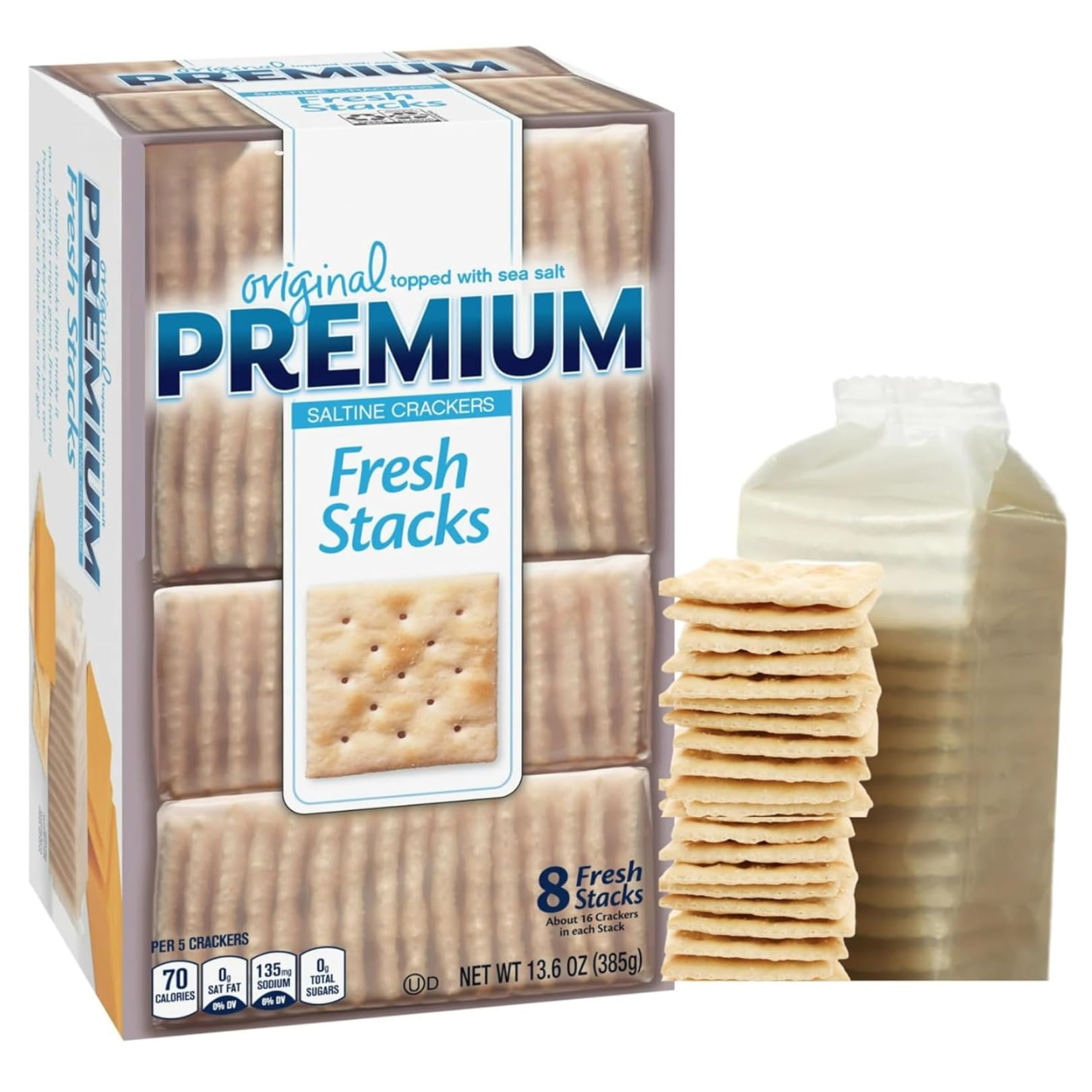 Premium Fresh Stacks Original Saltine Crackers – 13.6 oz (8 Stacks) – Topped with Sea Salt – Crisp, Light, and Versatile – Healthy Snacks for Soups, Dips, and Everyday Enjoyment (Luxenton Tradmark Spoon Included)