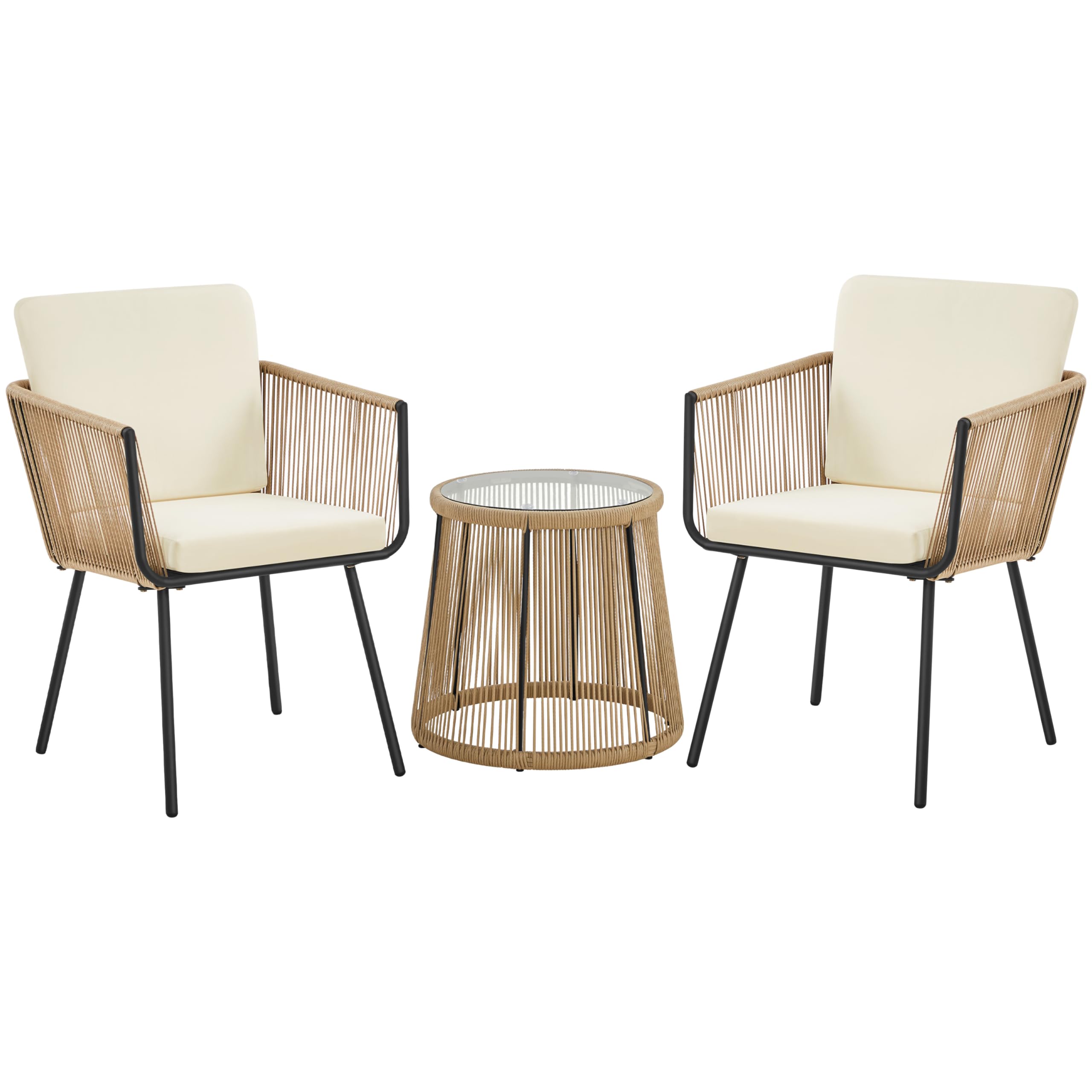 Yaheetech 3 Piece Patio Rattan Bistro Set, Outdoor All Weather PE Wicker Conversation Furniture Set with 2 Chairs Tempered Glass Top Table Cushions, for Poolside/Porch/Garden/Yard, Tan/Cream