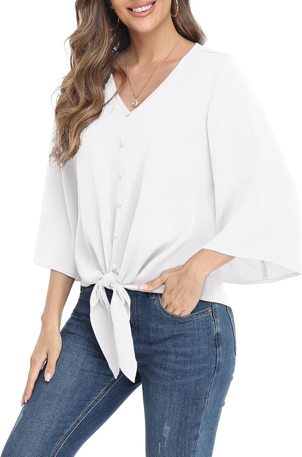 VIISHOW Women's Button V Neck Chiffon Tops 3/4 Bell Sleeve Tie Knot Casual Blouses Loose Summer Shirts - Image 2