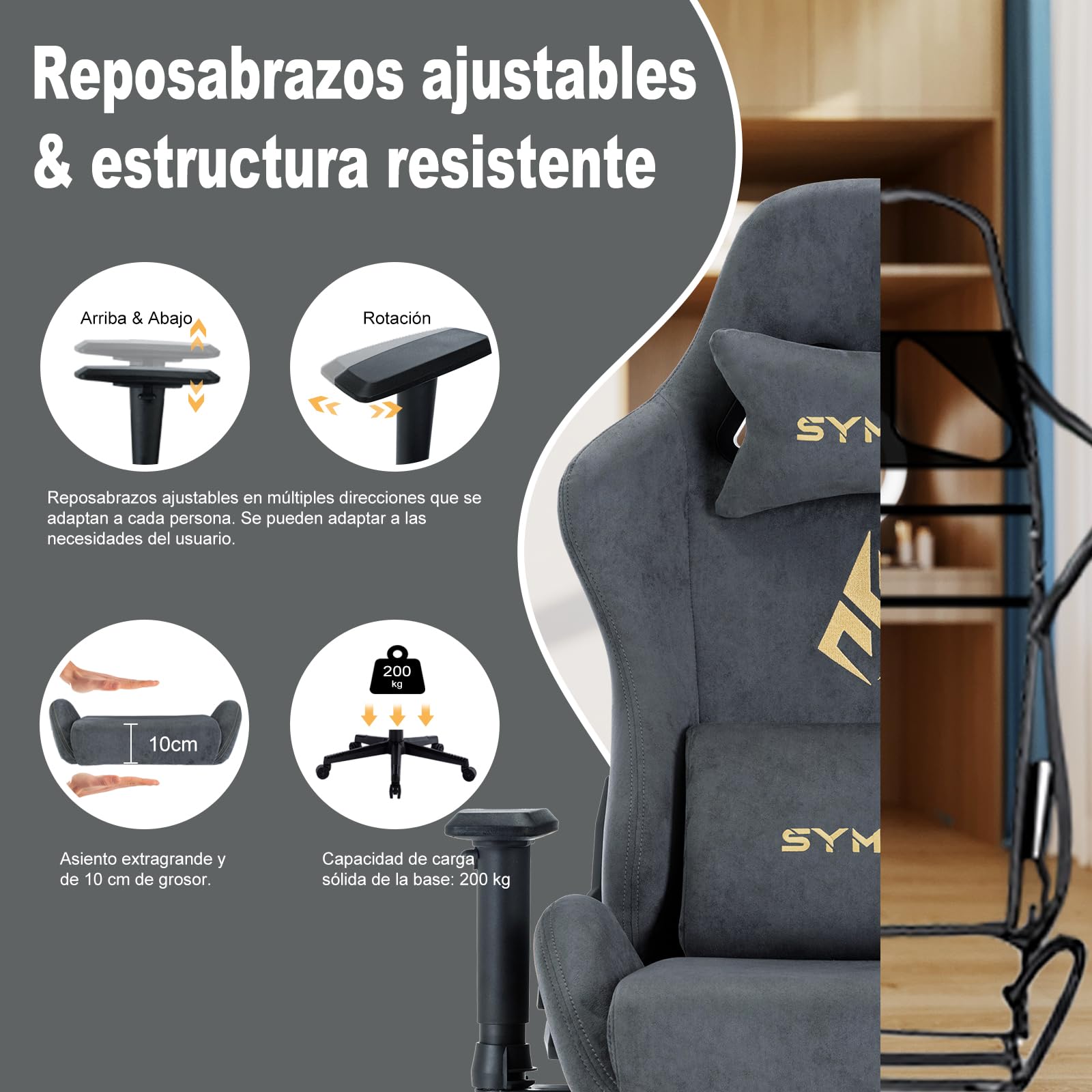 Symino Silla Gaming Ergonómica Reclinable con Reposapiés Ajustable, Soporte Lumbar y Reposacabezas Regulable, Altura Ajustable para Adultos hasta 200kg (Gamuza Artificial,Grey)
