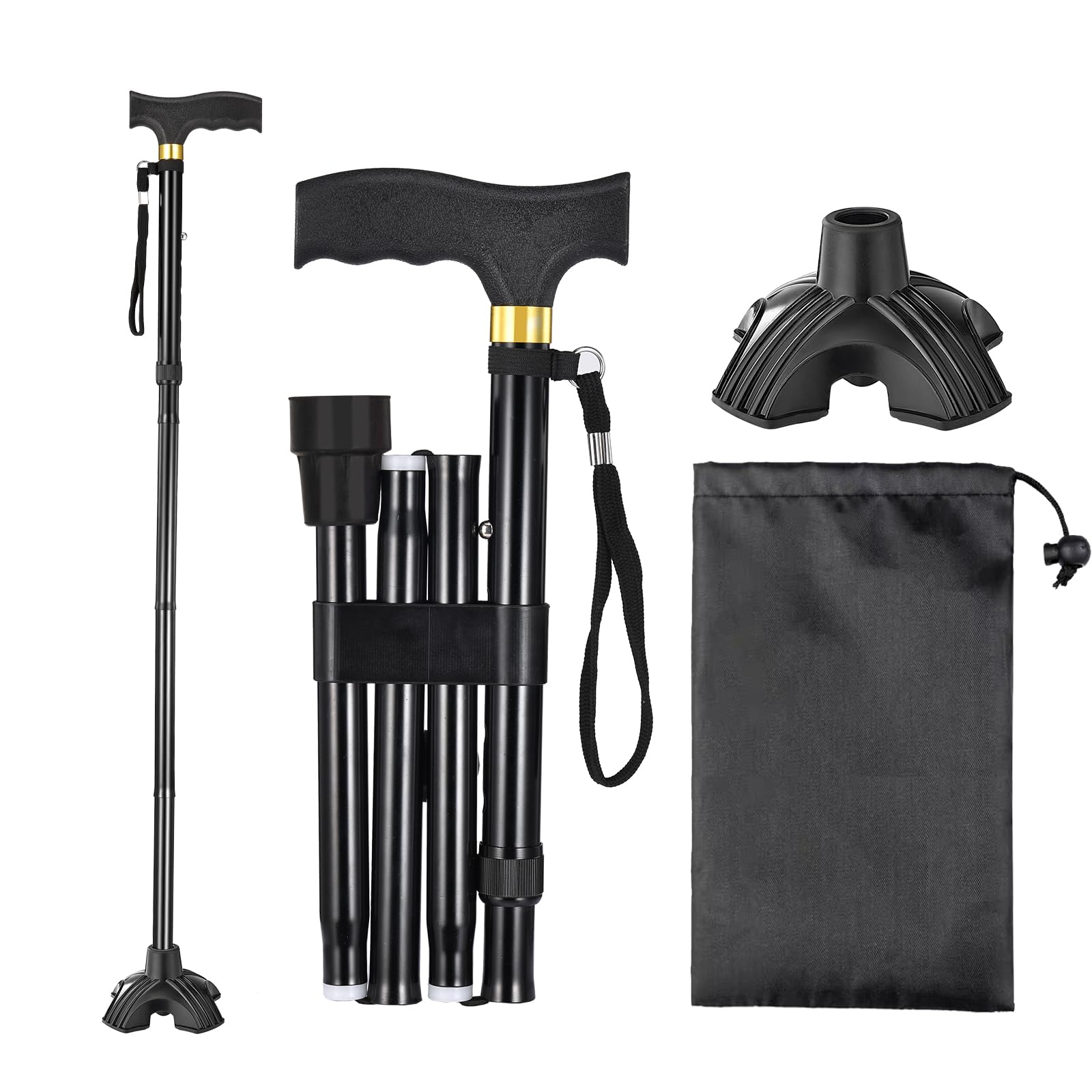 MASYN Folding Walking Cane for Men & Women - 5 Level Adjustable Portable Walking Stick with 2 Replaceable Nonslip Rubber Tip - Ergonomic T-Handle - Includes Carry Pouch
