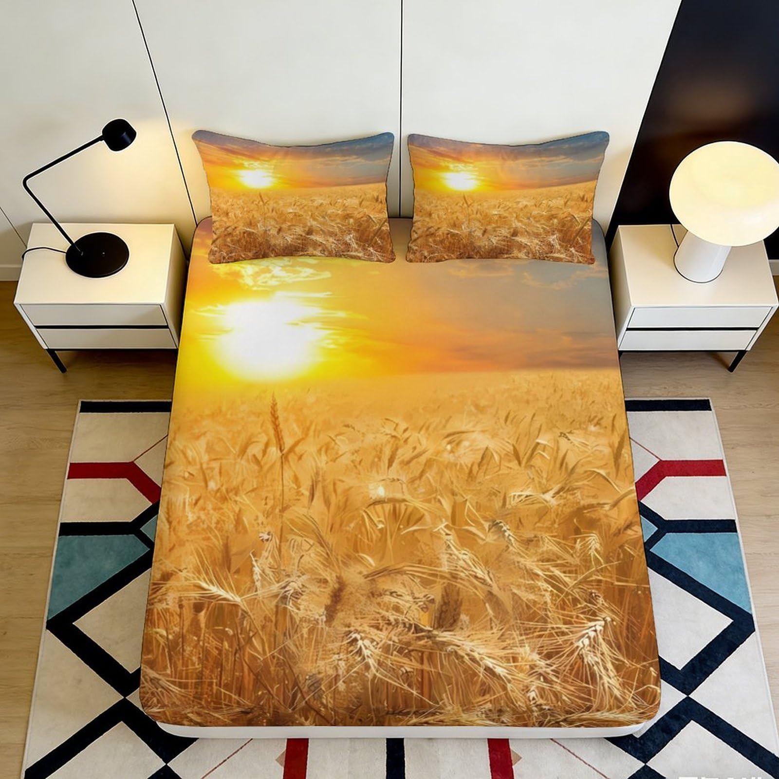3D Printed Sunset Wheat Field Fitted Sheet Microfiber Mattress Cover Anti-Slip Bed Protector for Bedroom Guest Room 120x200x25cm
