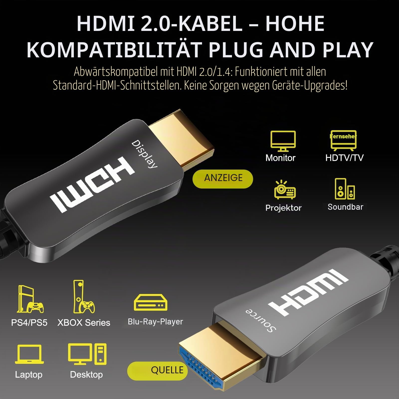 30m HDMI Glasfaser Kabel 4K@60Hz – Optisches High Speed HDMI Kabel, 18Gbps, YUV 4:4:4, HDR, verlustfrei, Zinklegierung-Stecker – Ideal für Beamer, Heimkino, Gaming & Konferenz