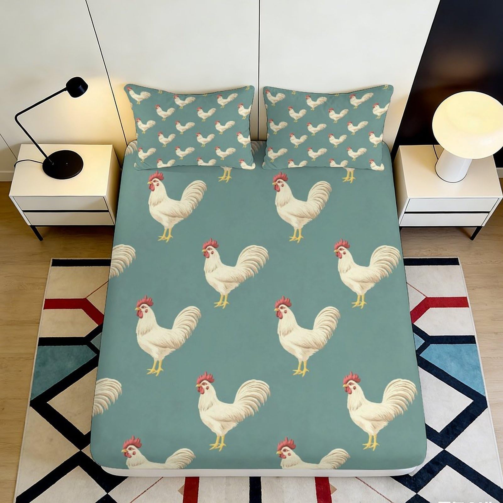 3D Printed Rooster Pattern Fitted Sheet Microfiber Non-Slip Deep Pocket Bedroom Bedding Rooster Mattress Fitted Cover for Adults 180x200x25cm
