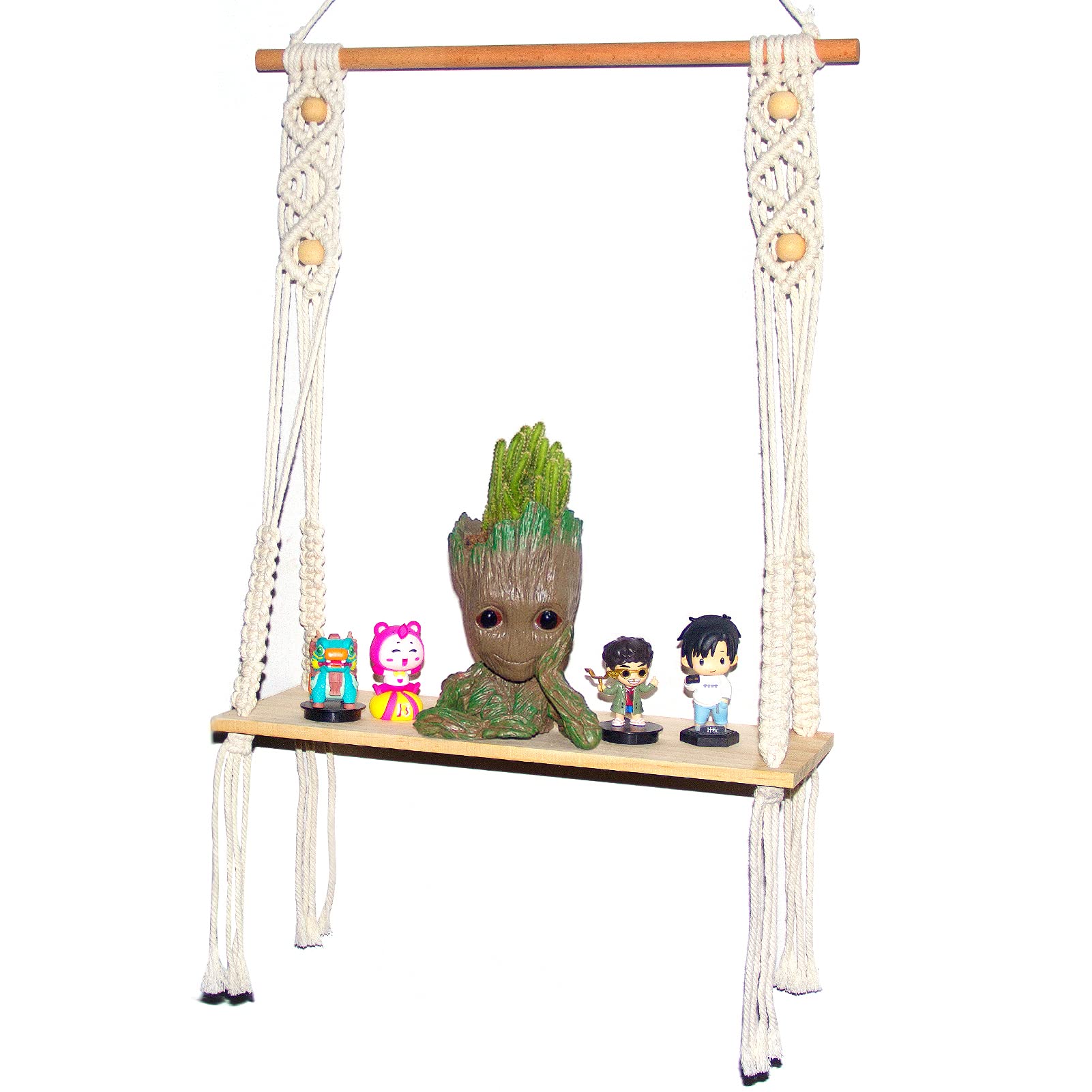 Macrame Shelf, AXGO Handmade Woven Hanging Shelves Macrame Hanging Shelves 16" Boho Wall Decor for Books Photos Collectibles Small Plants Perfumes