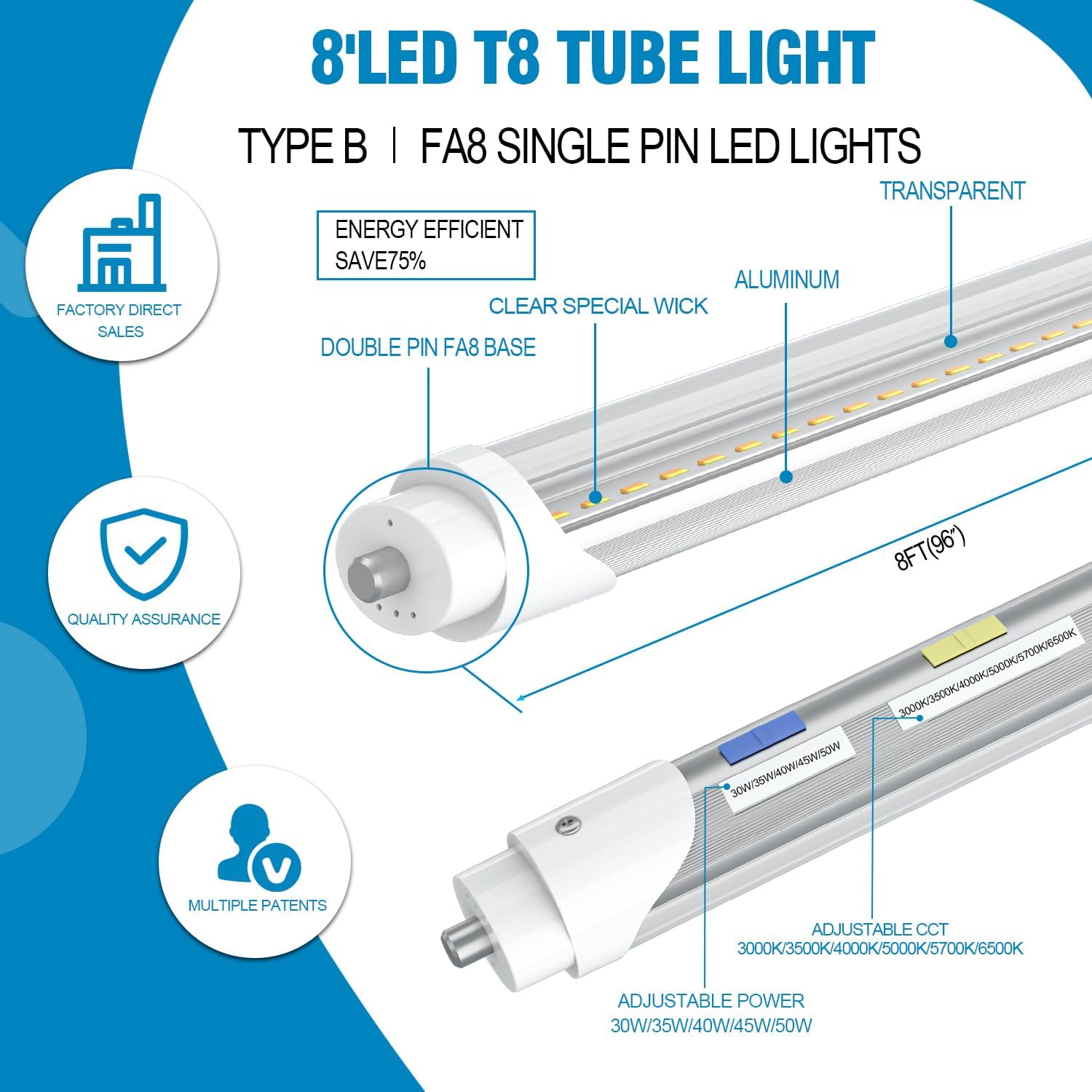 T8 T12 8FT LED Bulbs, 8FT Tube Lights 6CCT 3000K-6500K/5 Power(30W-50W Adjust), Super Bright FA8 Single Pin Base Type B Bulbs, 8 Foot Fluorescent Tube Replacement, Ballast Bypass, ETL DLC(6 PCS Clear)