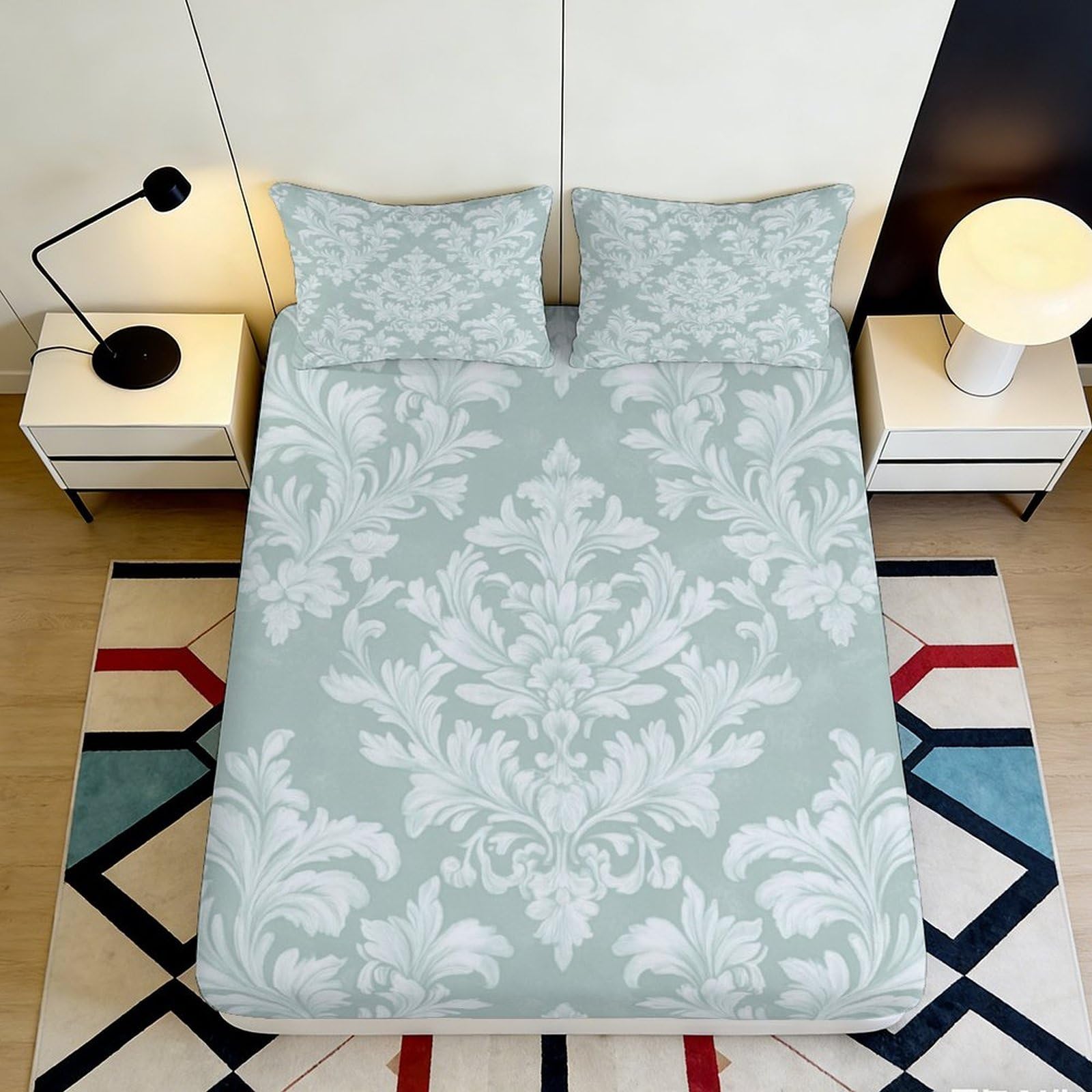 3D Printed Vintage Damask Fitted Sheet Microfiber Soft Anti-Slip Mattress Cover for Bedroom Guest Room, Dustproof Decorative 90x200x25cm