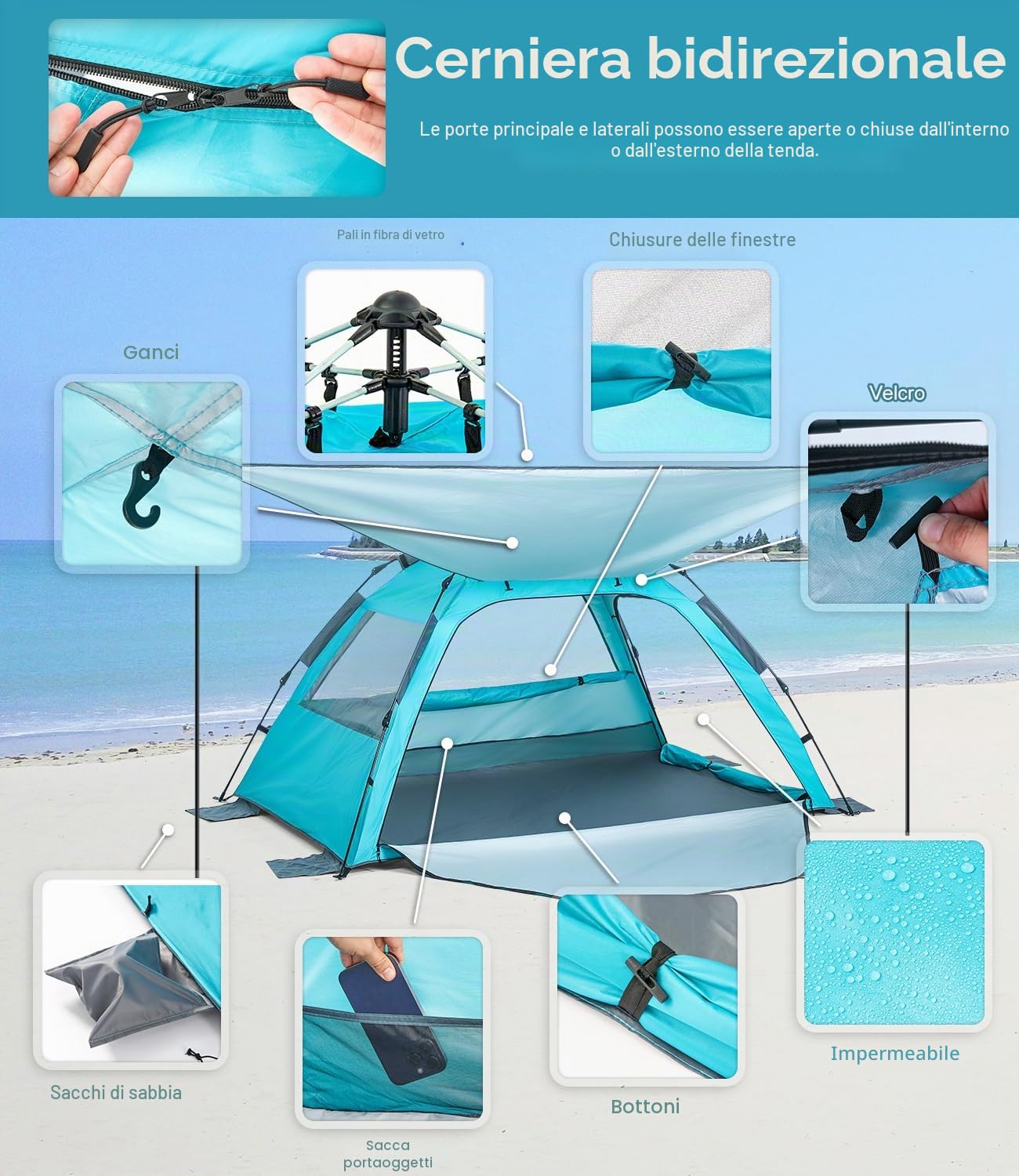 Dewur Tenda da spiaggia per 2-4 persone, pop-up con parasole UPF 50+, protezione solare UV, impermeabile, per famiglie, spiaggia, campeggio, giardino, blu