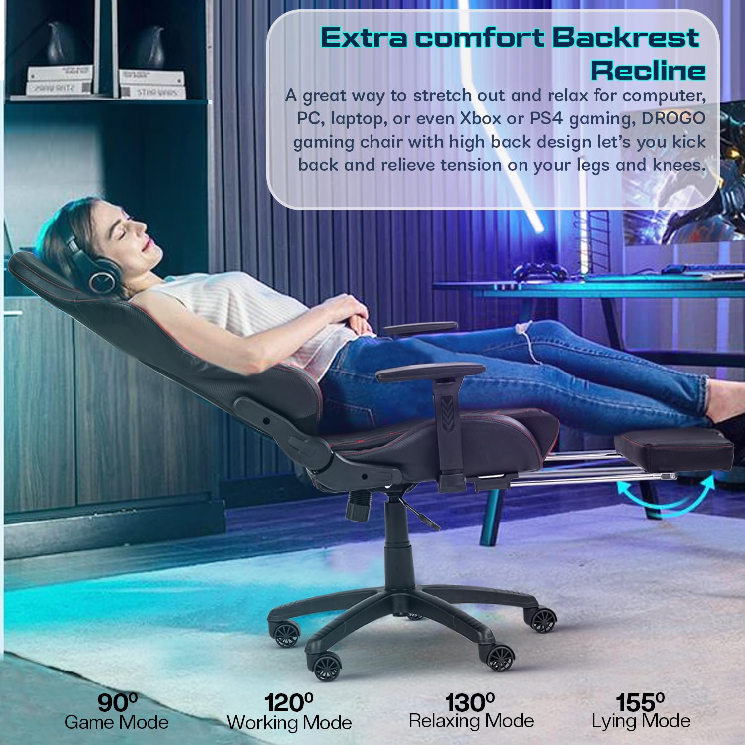 Baybee Drogo Royal Argonomic Gaming Close Footrest, Breath Fabrics, Adjustable Seats and 3D Arm Rest | Head and Massage Kath support pillow | Home and Office chair with complete recurrence (3D Black)