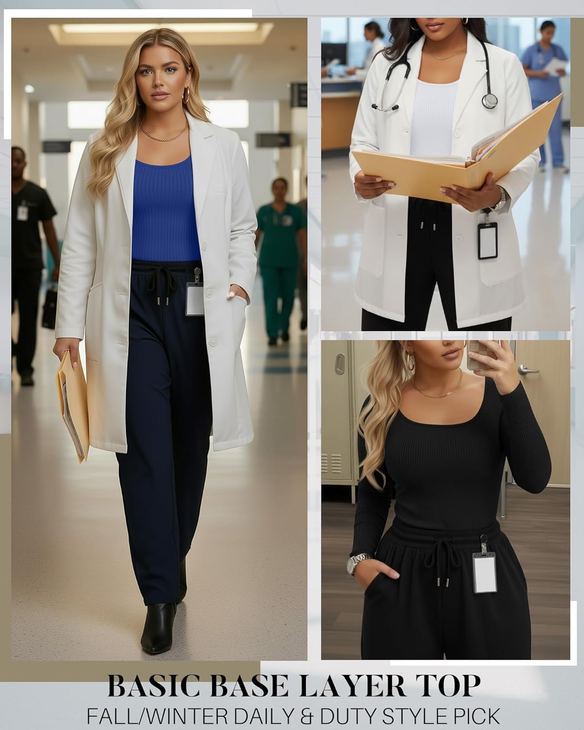 4 Pack Women's Plus Size Underscrubs Shirts, Cotton Ribbed Long Sleeve Nurse Top Scoop Neck Fitted Basic Undershirt - Image 2